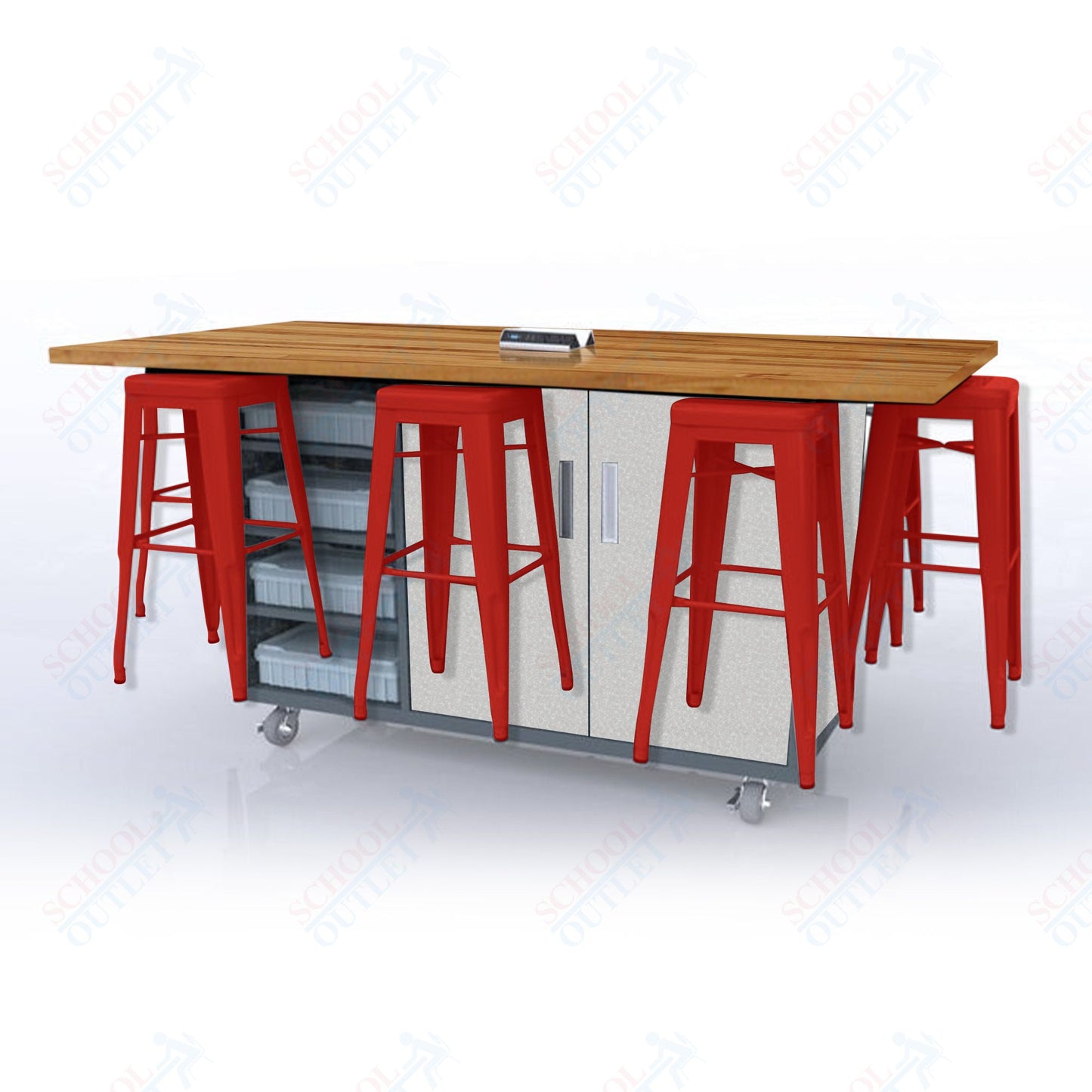 CEF ED8 Table 42"H Butcher Block Top, Laminate Base with  8 Stools, Storage bins, and Electrical Outlets Included.