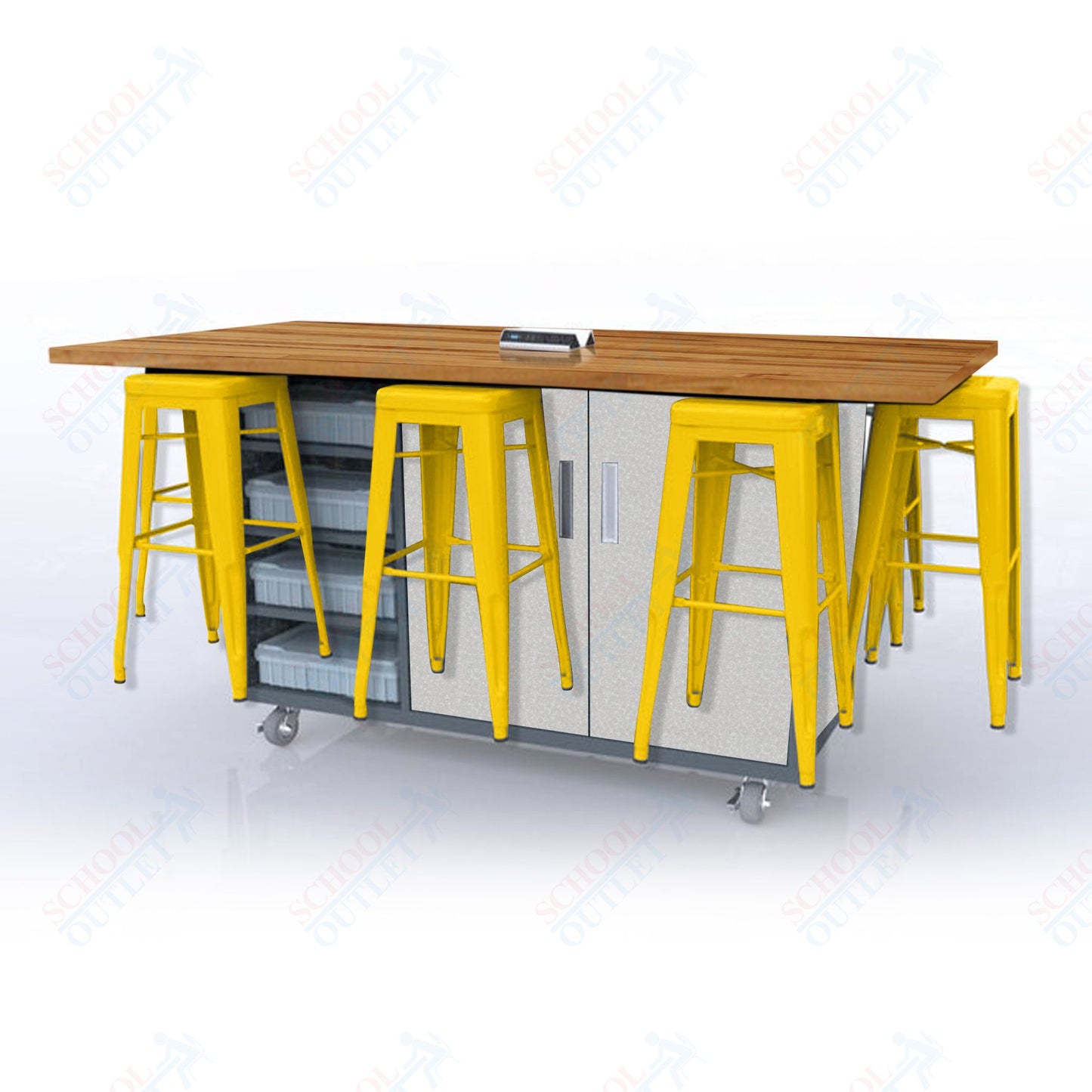 CEF ED8 Table 42"H Butcher Block Top, Laminate Base with  8 Stools, Storage bins, and Electrical Outlets Included.