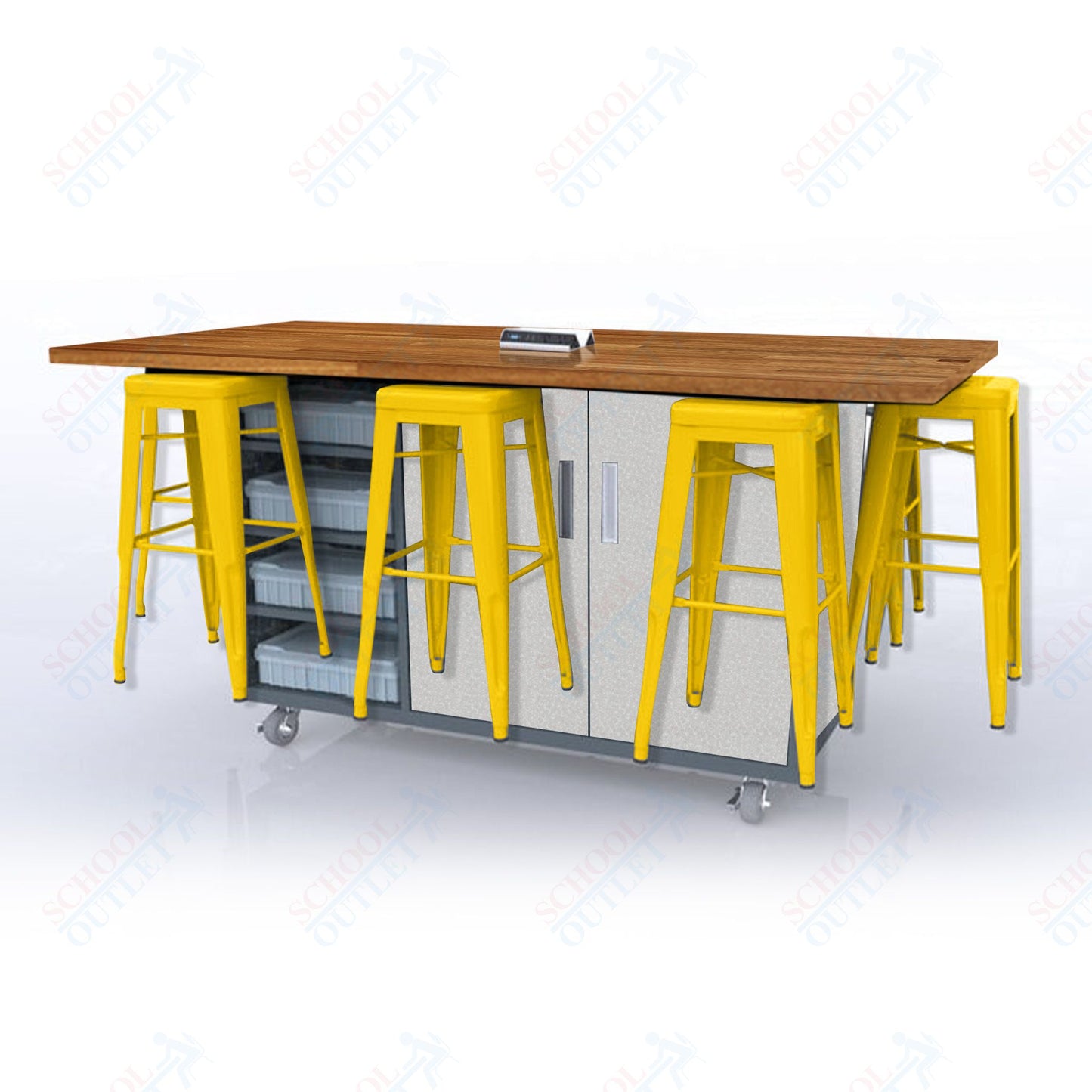 CEF ED8 Table 42"H Butcher Block Top, Laminate Base with  8 Stools, Storage bins, and Electrical Outlets Included.