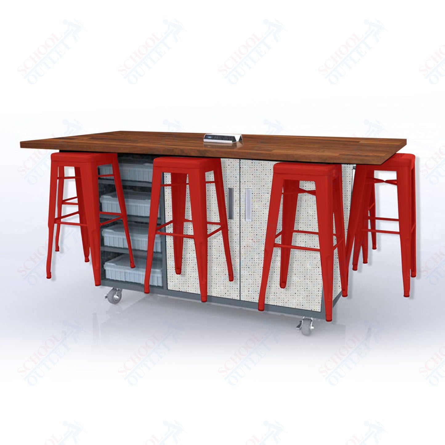 CEF ED8 Table 42"H Butcher Block Top, Laminate Base with  8 Stools, Storage bins, and Electrical Outlets Included.