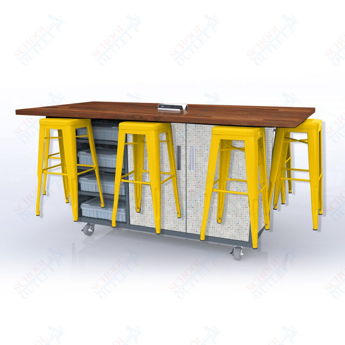 CEF ED8 Table 42"H Butcher Block Top, Laminate Base with  8 Stools, Storage bins, and Electrical Outlets Included.