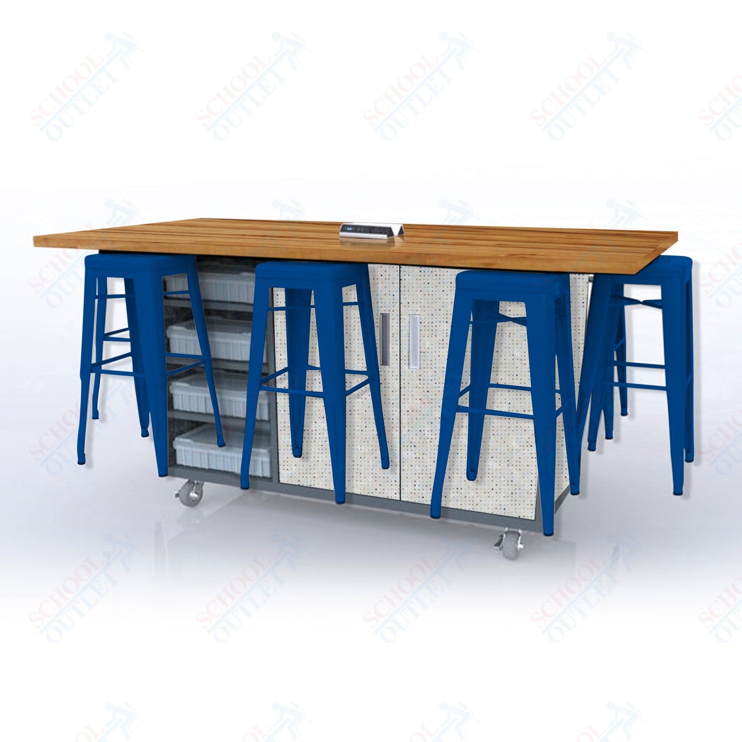 CEF ED8 Table 42"H Butcher Block Top, Laminate Base with  8 Stools, Storage bins, and Electrical Outlets Included.