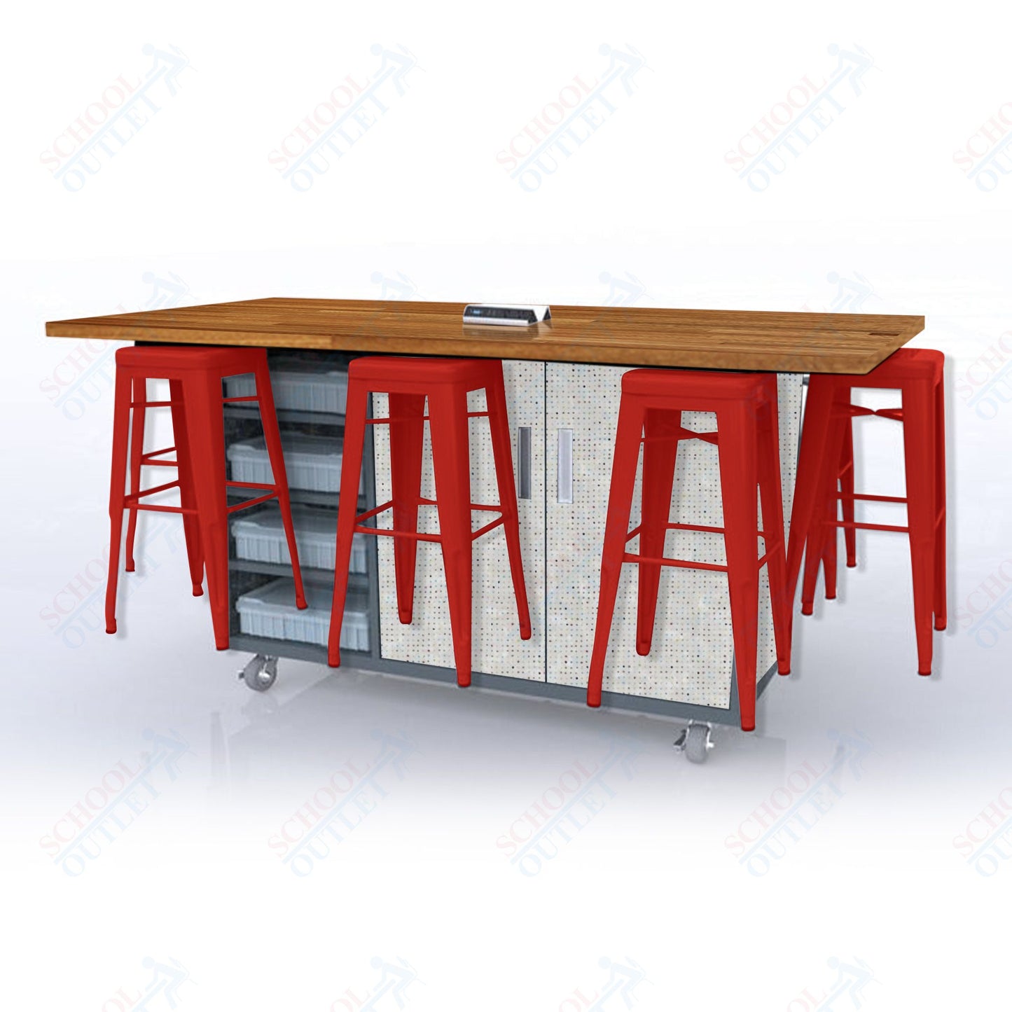 CEF ED8 Table 42"H Butcher Block Top, Laminate Base with  8 Stools, Storage bins, and Electrical Outlets Included.