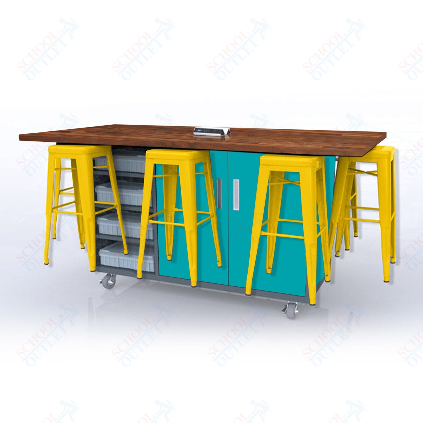 CEF ED8 Table 42"H Butcher Block Top, Laminate Base with  8 Stools, Storage bins, and Electrical Outlets Included.