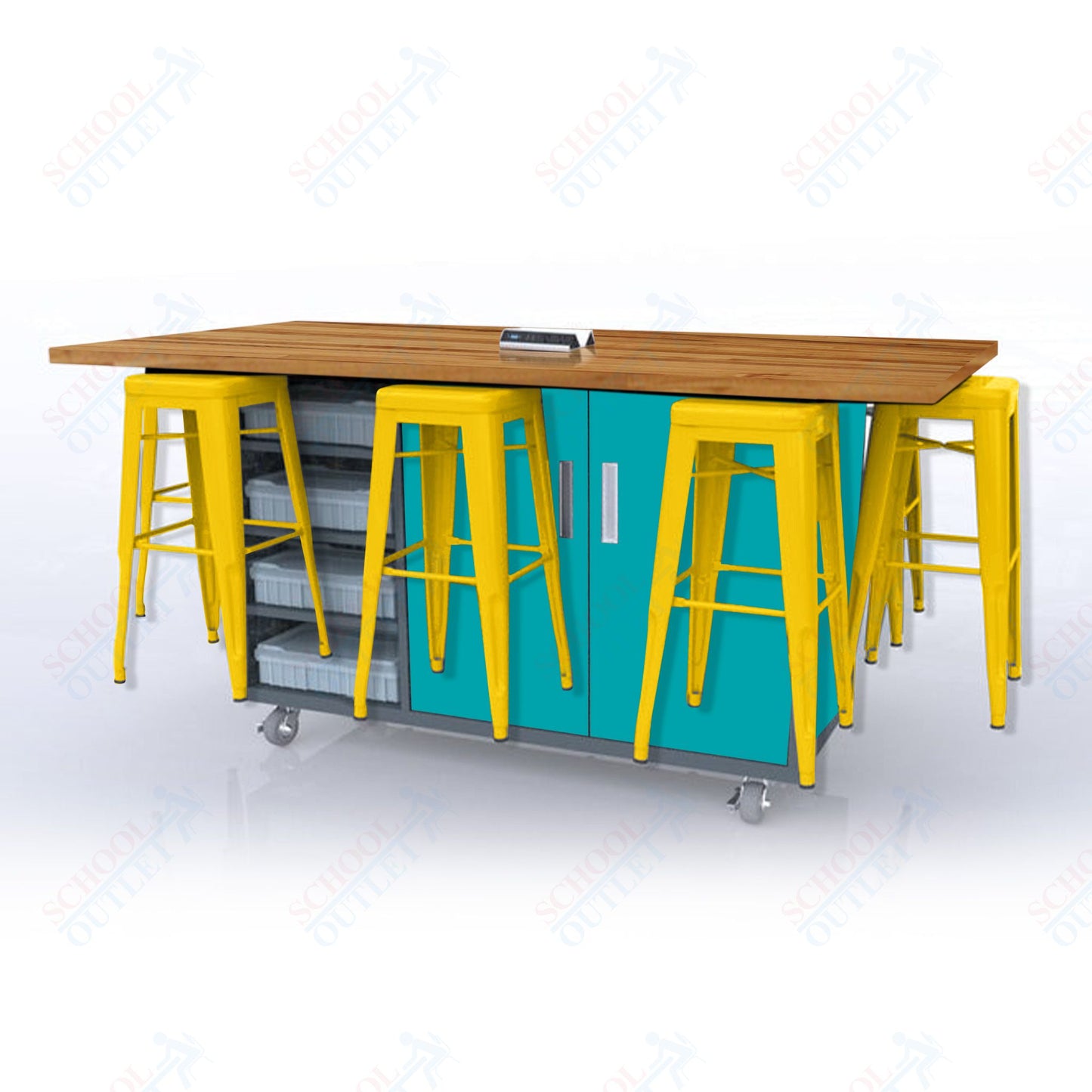 CEF ED8 Table 42"H Butcher Block Top, Laminate Base with  8 Stools, Storage bins, and Electrical Outlets Included.