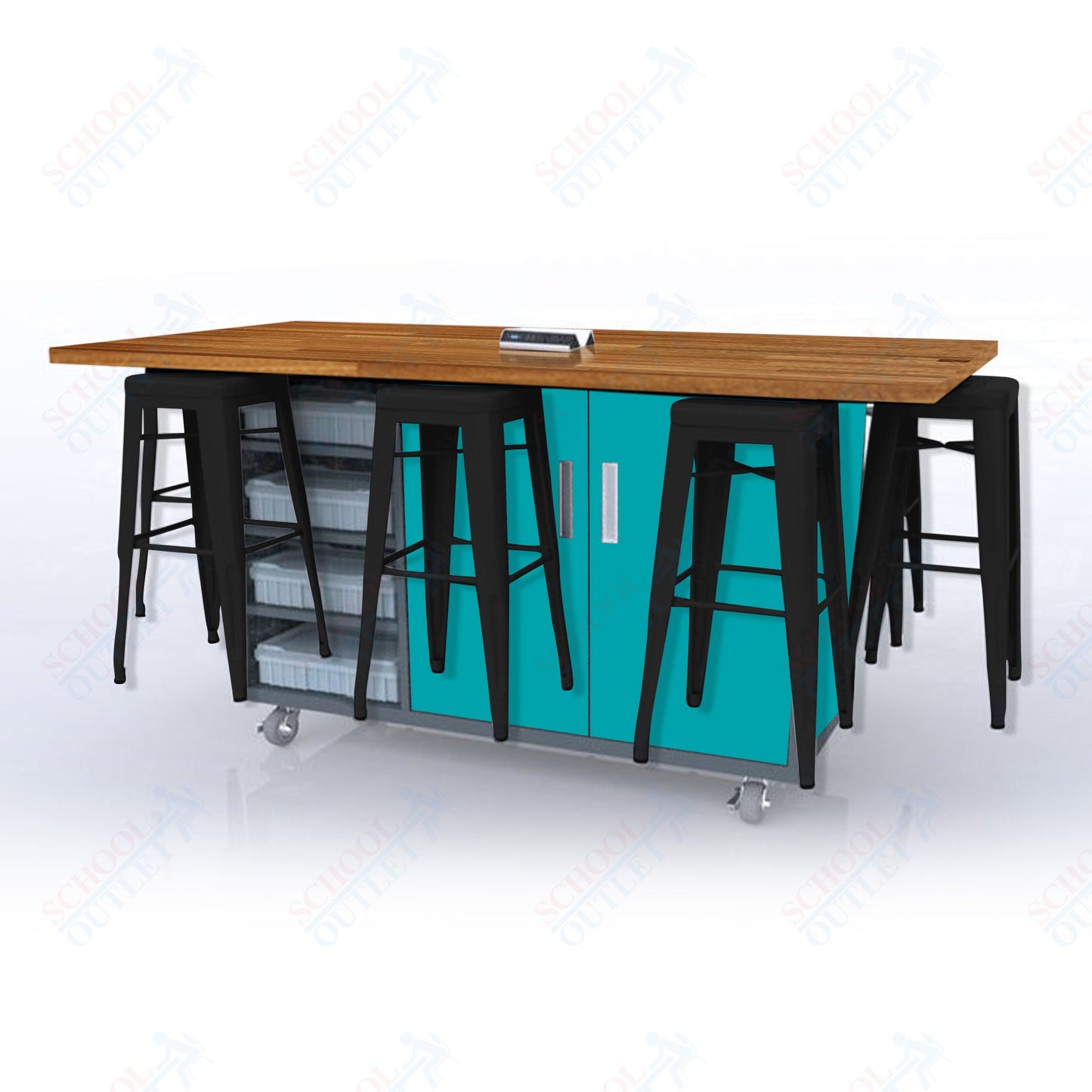 CEF ED8 Table 42"H Butcher Block Top, Laminate Base with  8 Stools, Storage bins, and Electrical Outlets Included.