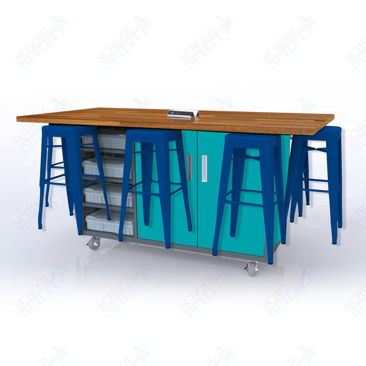 CEF ED8 Table 42"H Butcher Block Top, Laminate Base with  8 Stools, Storage bins, and Electrical Outlets Included.