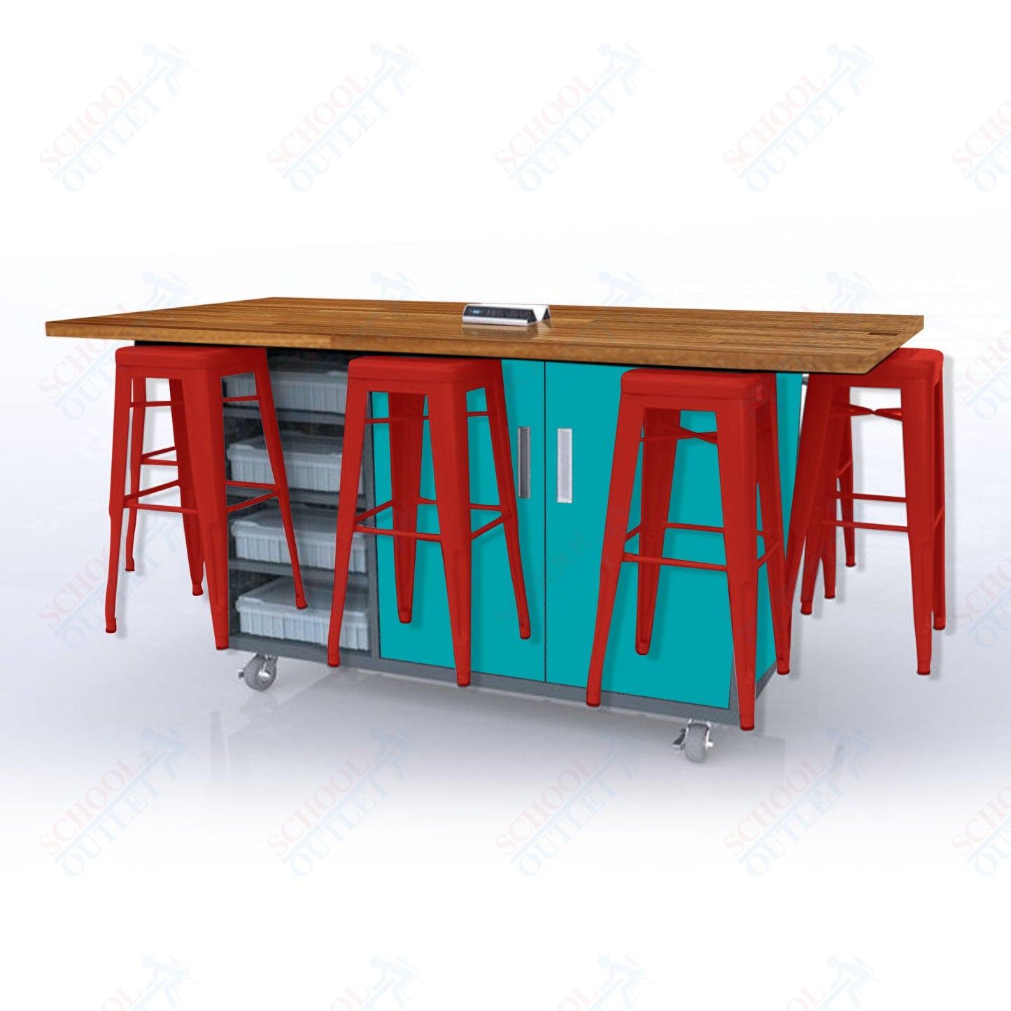 CEF ED8 Table 42"H Butcher Block Top, Laminate Base with  8 Stools, Storage bins, and Electrical Outlets Included.