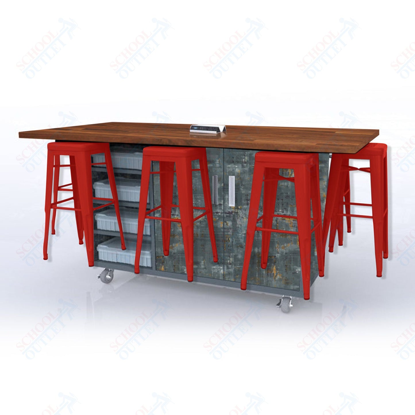 CEF ED8 Table 42"H Butcher Block Top, Laminate Base with  8 Stools, Storage bins, and Electrical Outlets Included.