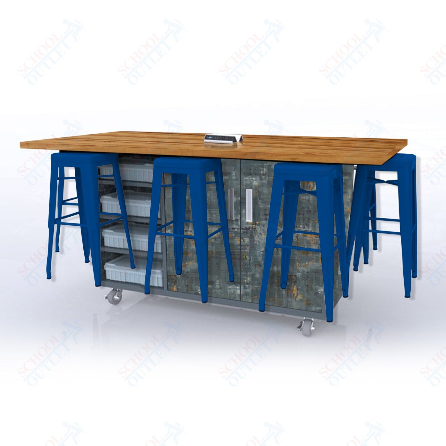 CEF ED8 Table 42"H Butcher Block Top, Laminate Base with  8 Stools, Storage bins, and Electrical Outlets Included.