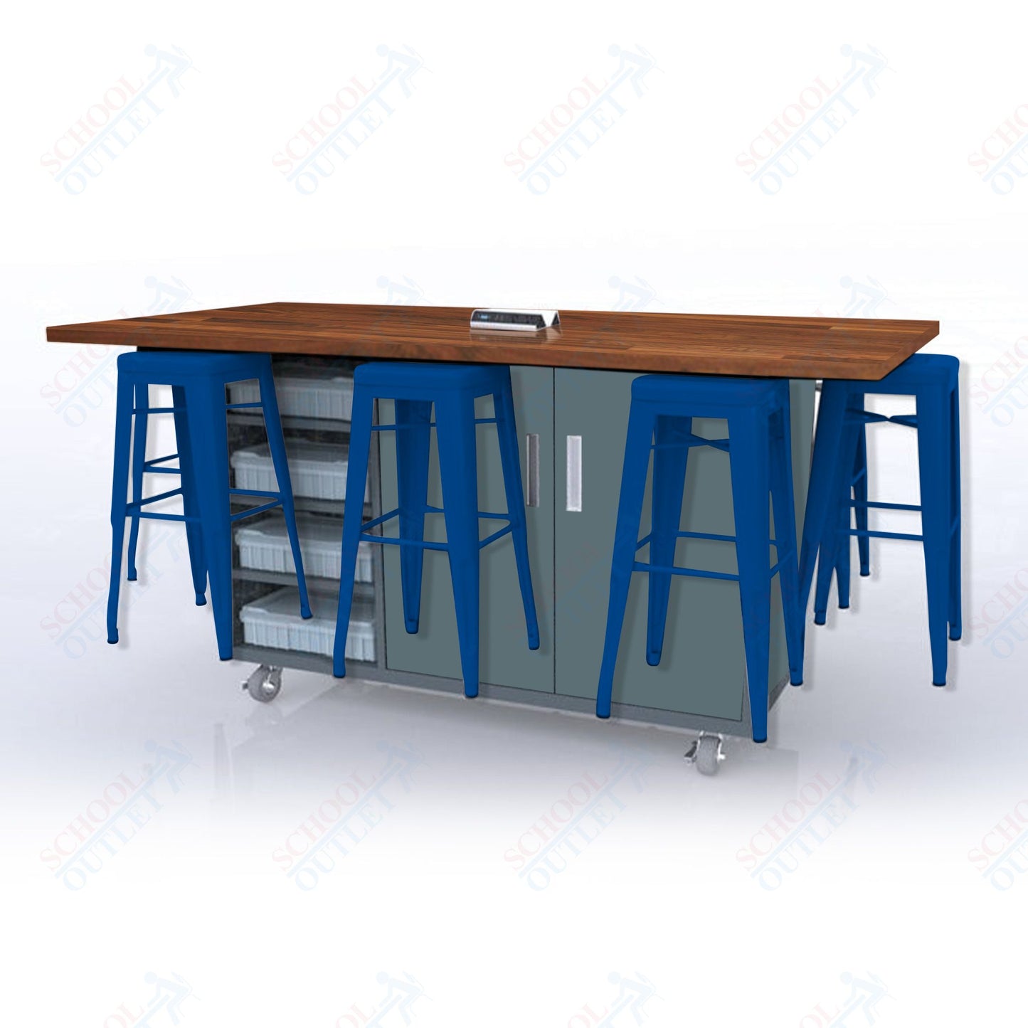 CEF ED8 Table 42"H Butcher Block Top, Laminate Base with  8 Stools, Storage bins, and Electrical Outlets Included.