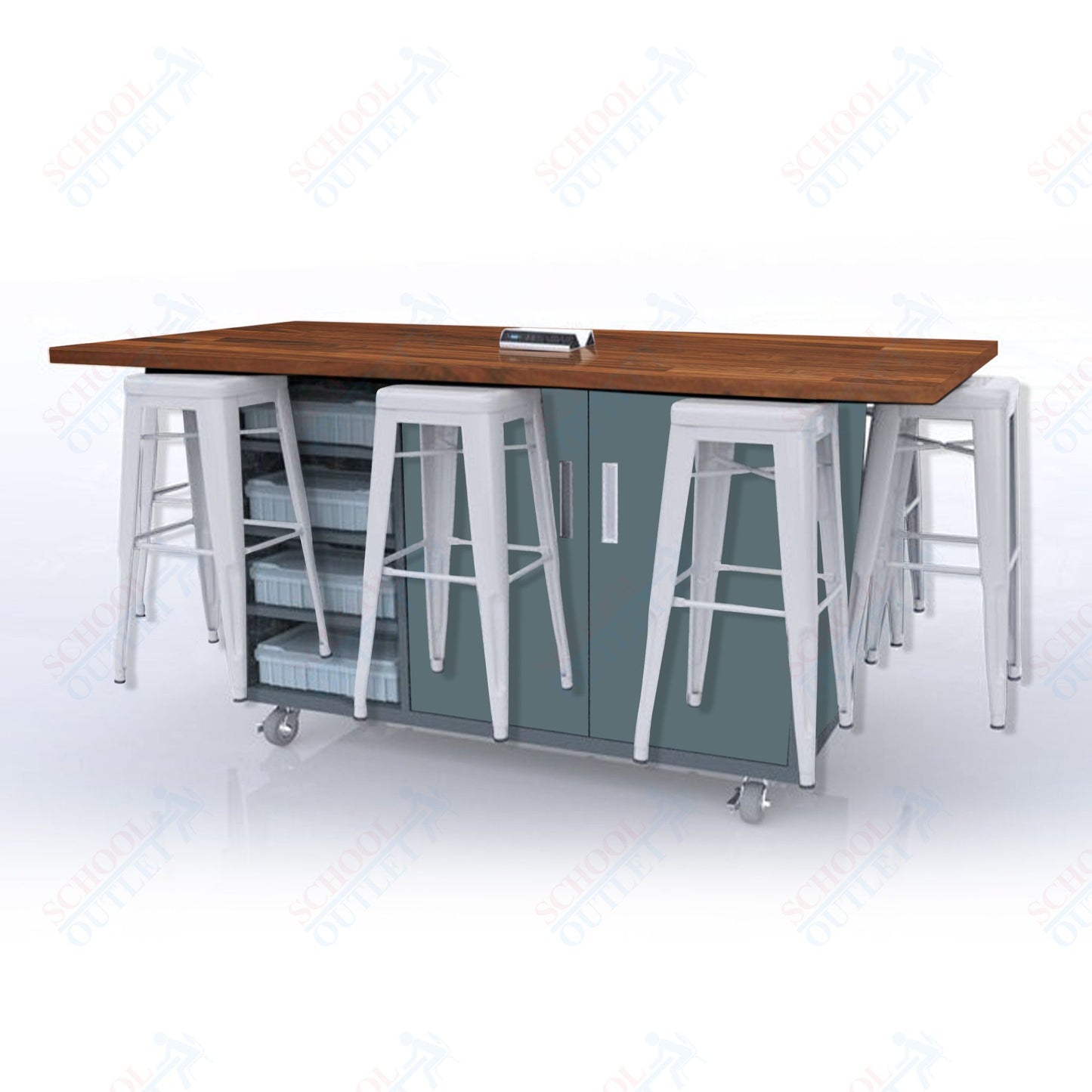 CEF ED8 Table 42"H Butcher Block Top, Laminate Base with  8 Stools, Storage bins, and Electrical Outlets Included.