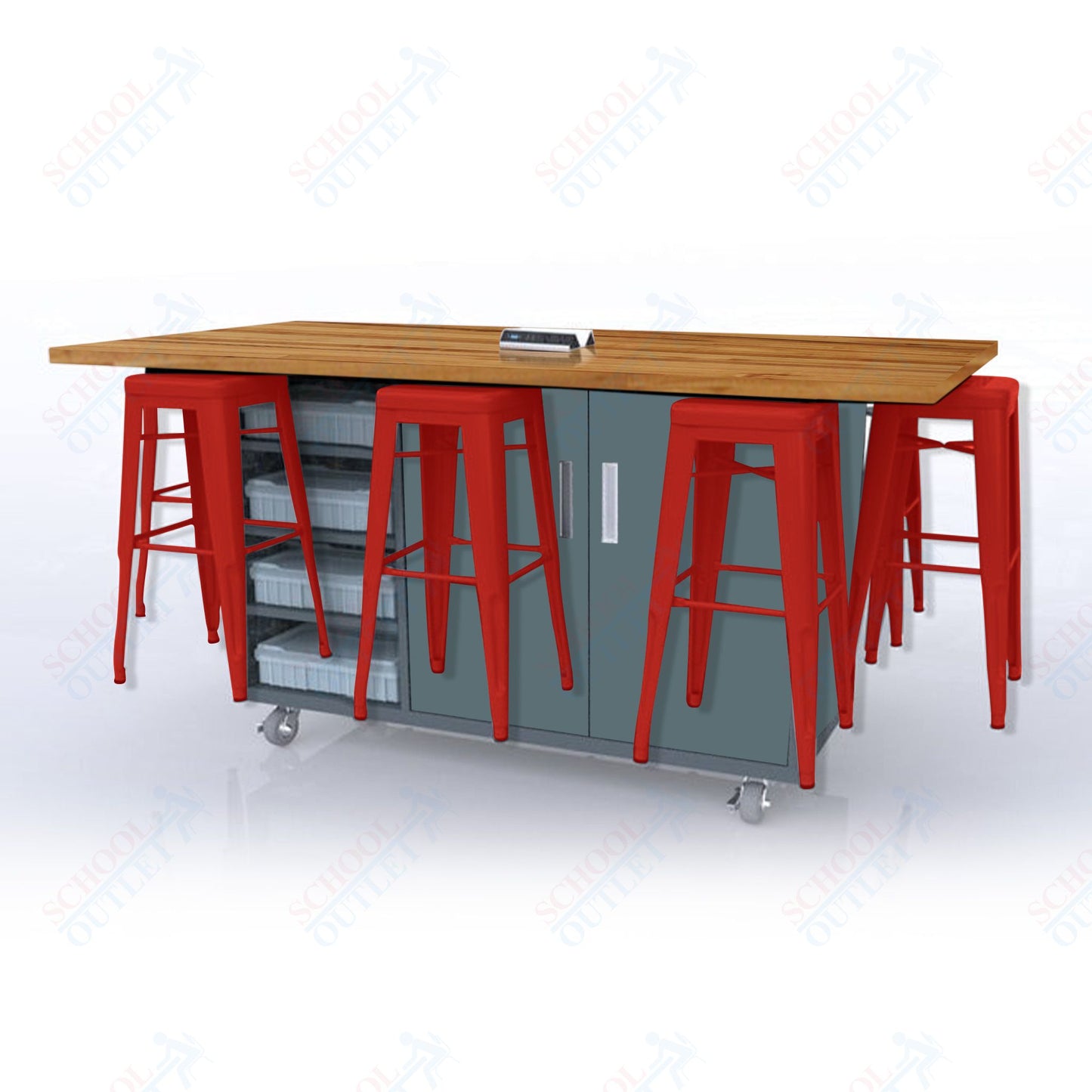 CEF ED8 Table 42"H Butcher Block Top, Laminate Base with  8 Stools, Storage bins, and Electrical Outlets Included.