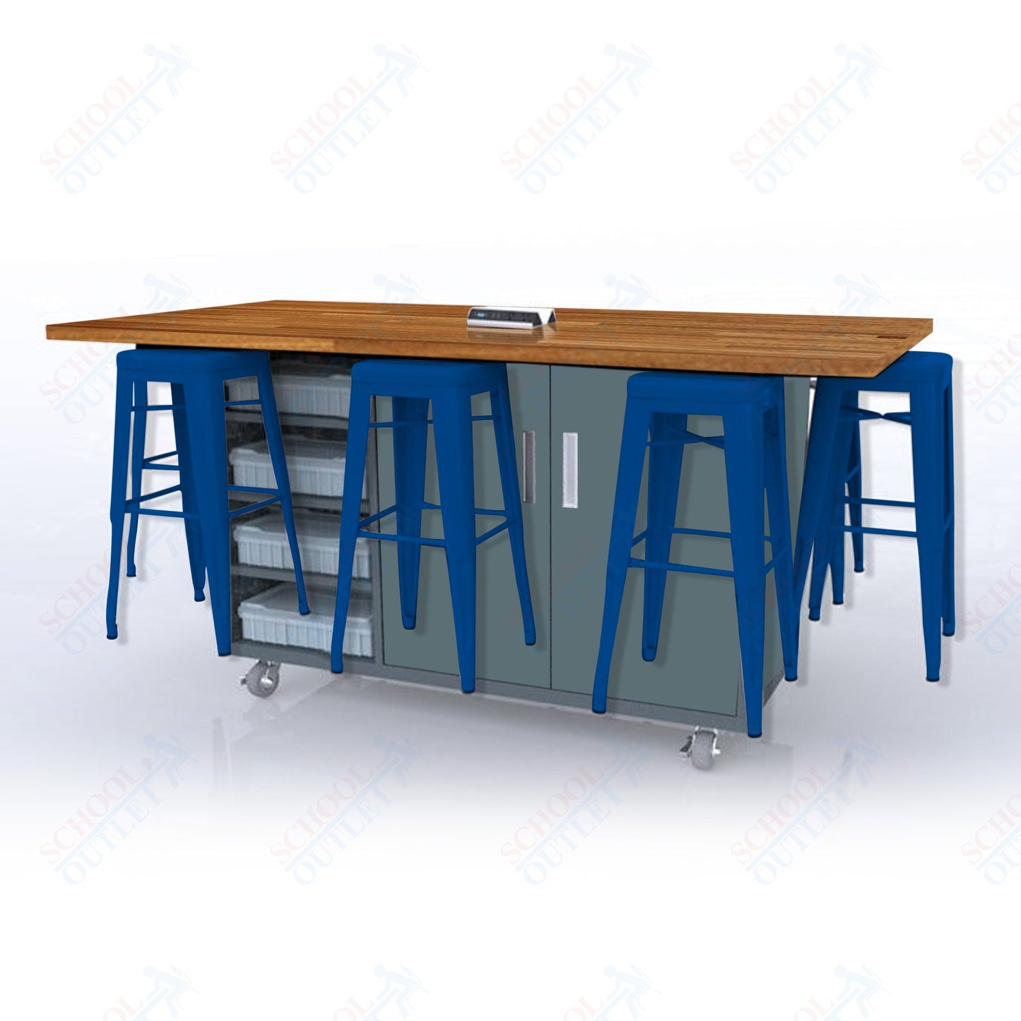 CEF ED8 Table 42"H Butcher Block Top, Laminate Base with  8 Stools, Storage bins, and Electrical Outlets Included.