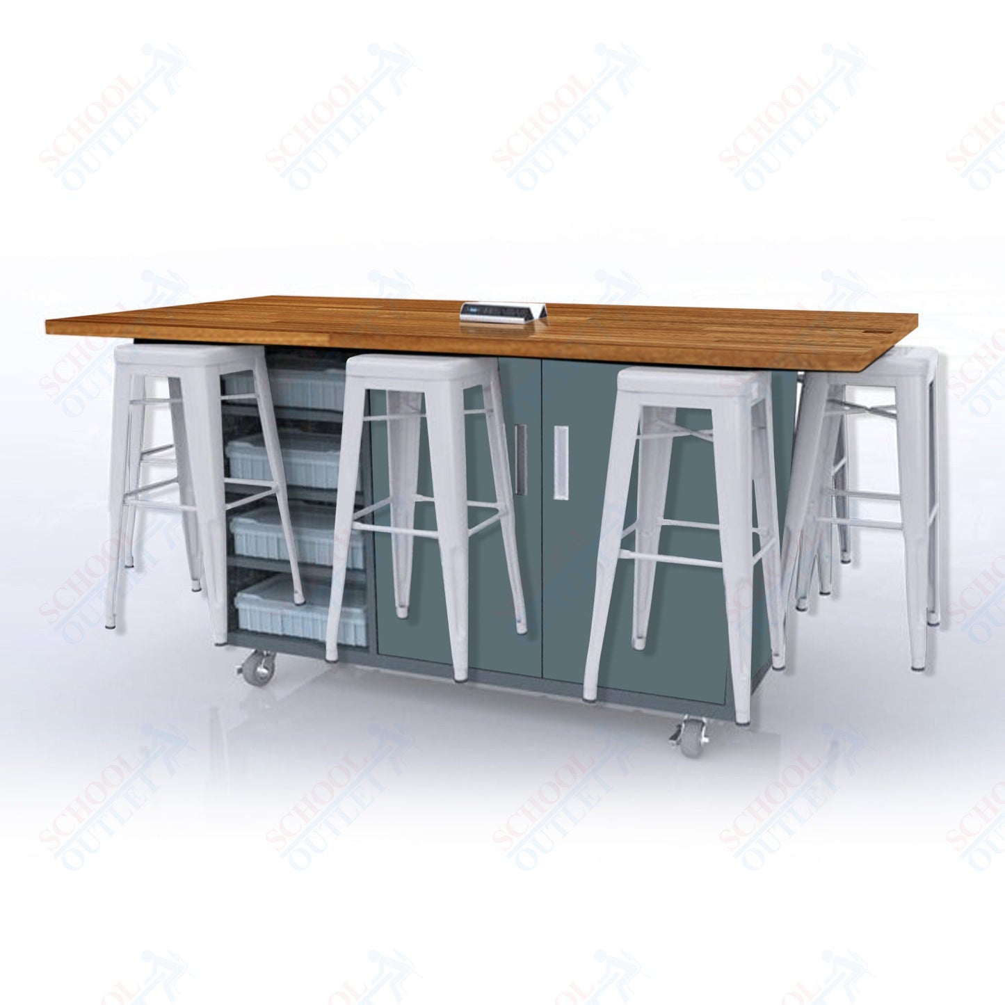 CEF ED8 Table 42"H Butcher Block Top, Laminate Base with  8 Stools, Storage bins, and Electrical Outlets Included.