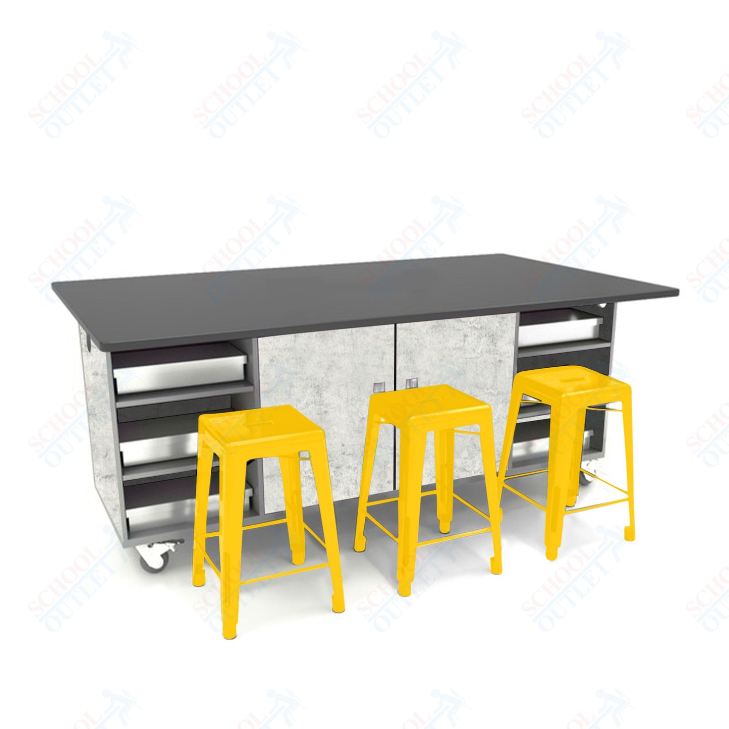 CEF ED Double Table 36"H Chemical Resistant Top, Laminate Base with  6 Stools, Storage bins, and Electrical Outlets Included.