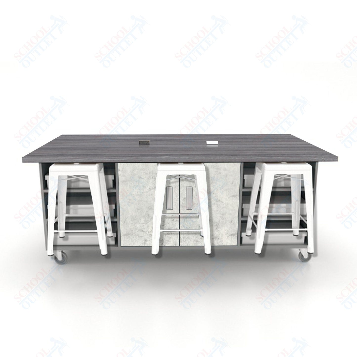 CEF ED Double Table 36"H High Pressure Laminate Top, Laminate Base with  6 Stools, Storage bins, and Electrical Outlets Included.