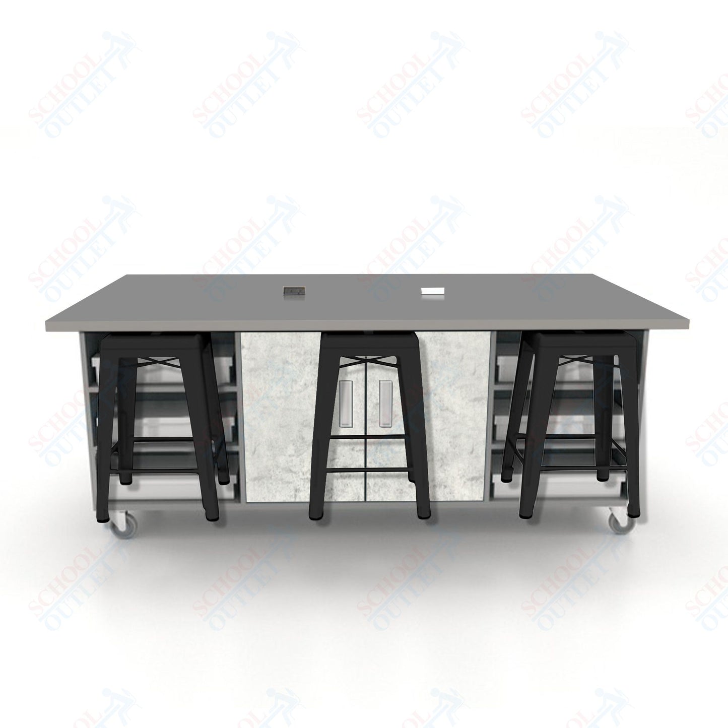 CEF ED Double Table 36"H High Pressure Laminate Top, Laminate Base with  6 Stools, Storage bins, and Electrical Outlets Included.