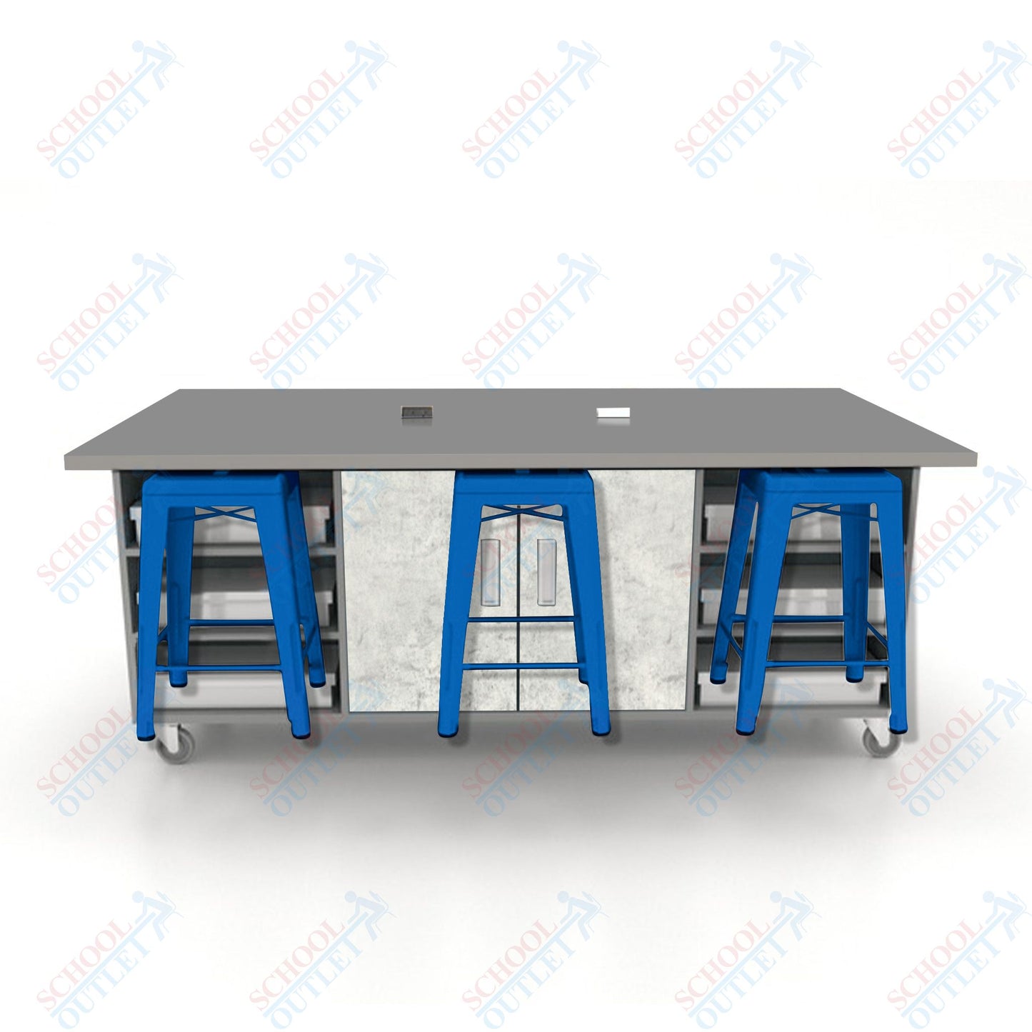 CEF ED Double Table 36"H High Pressure Laminate Top, Laminate Base with  6 Stools, Storage bins, and Electrical Outlets Included.