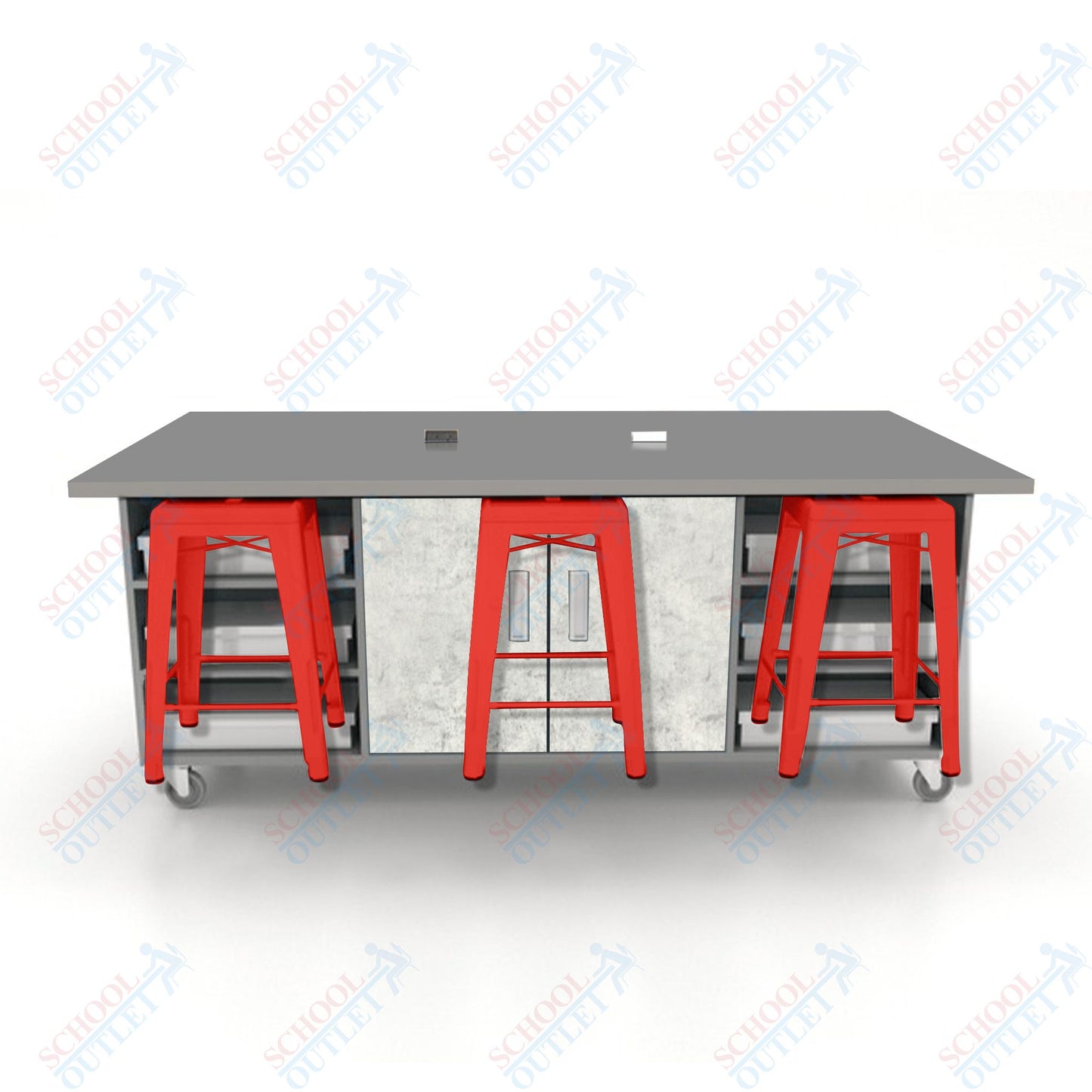 CEF ED Double Table 36"H High Pressure Laminate Top, Laminate Base with  6 Stools, Storage bins, and Electrical Outlets Included.