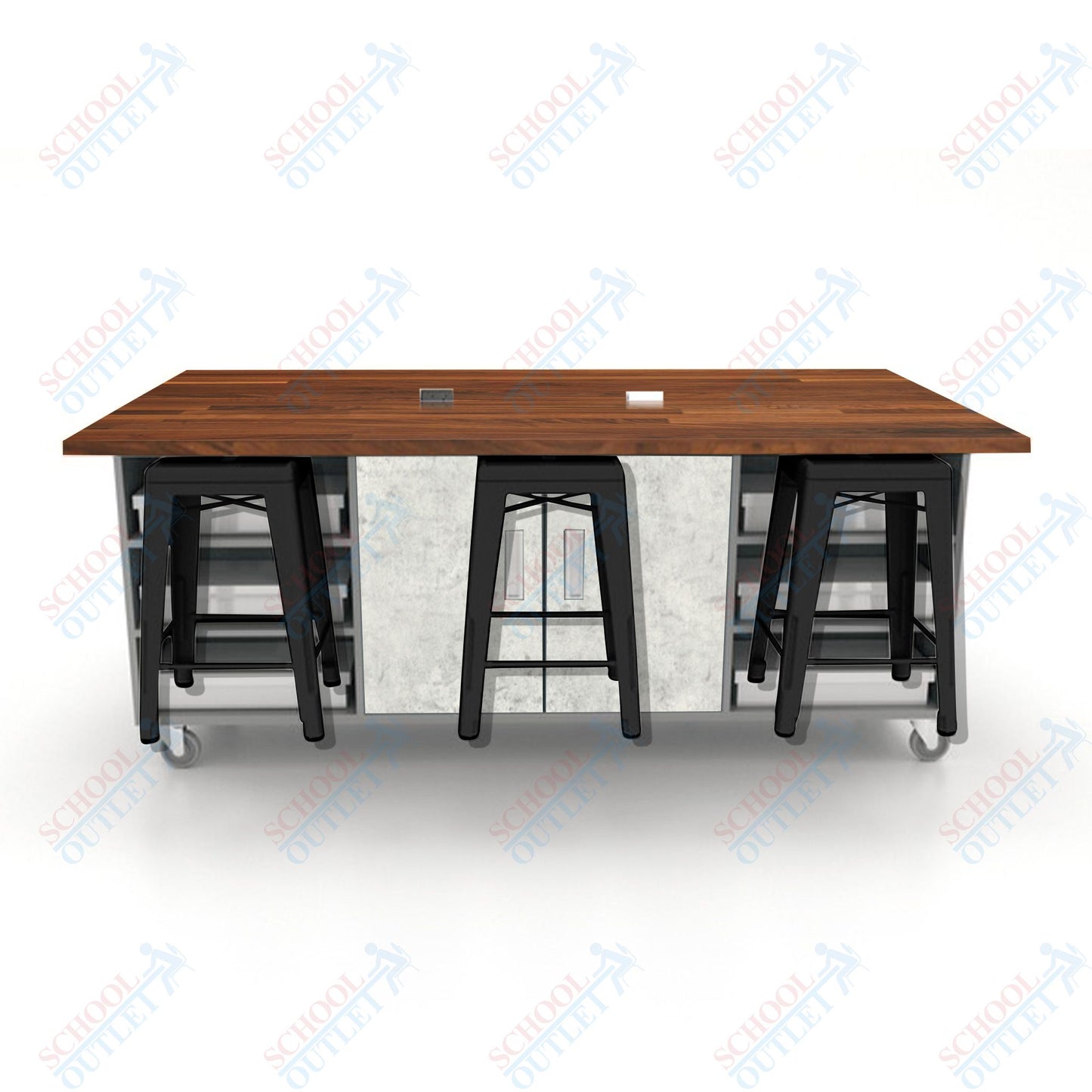 CEF ED Double Table 36"H Butcher Block Top, Laminate Base with  6 Stools, Storage bins, and Electrical Outlets Included.