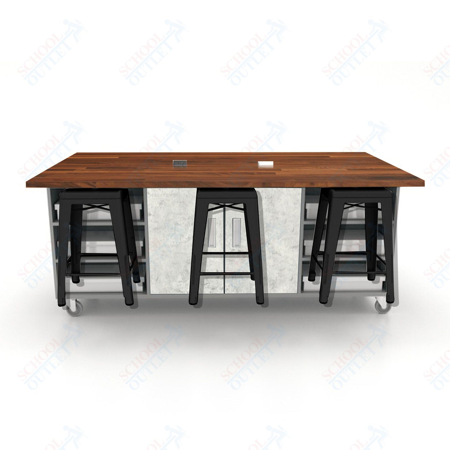 CEF ED Double Table 36"H Butcher Block Top, Laminate Base with  6 Stools, Storage bins, and Electrical Outlets Included.