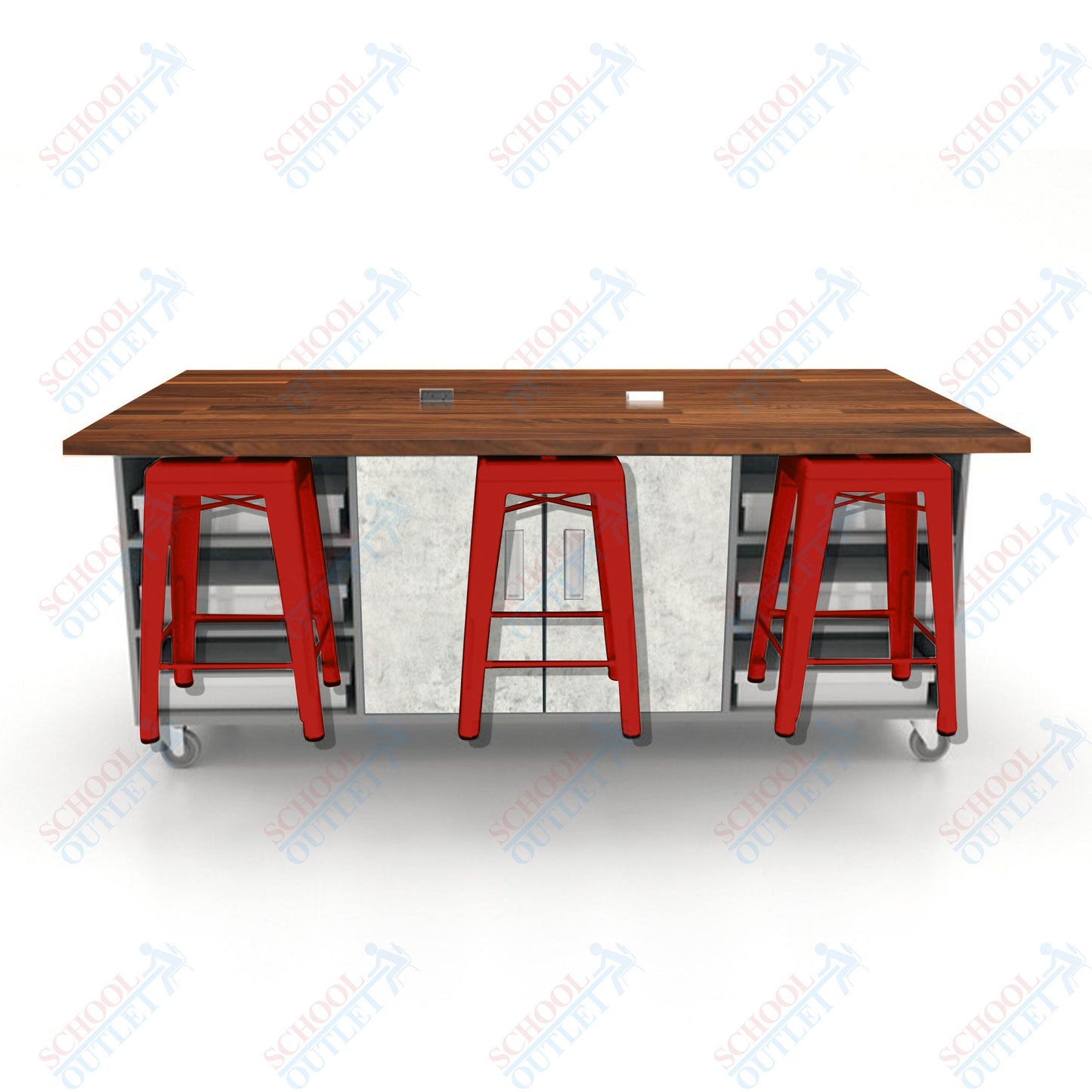 CEF ED Double Table 36"H Butcher Block Top, Laminate Base with  6 Stools, Storage bins, and Electrical Outlets Included.