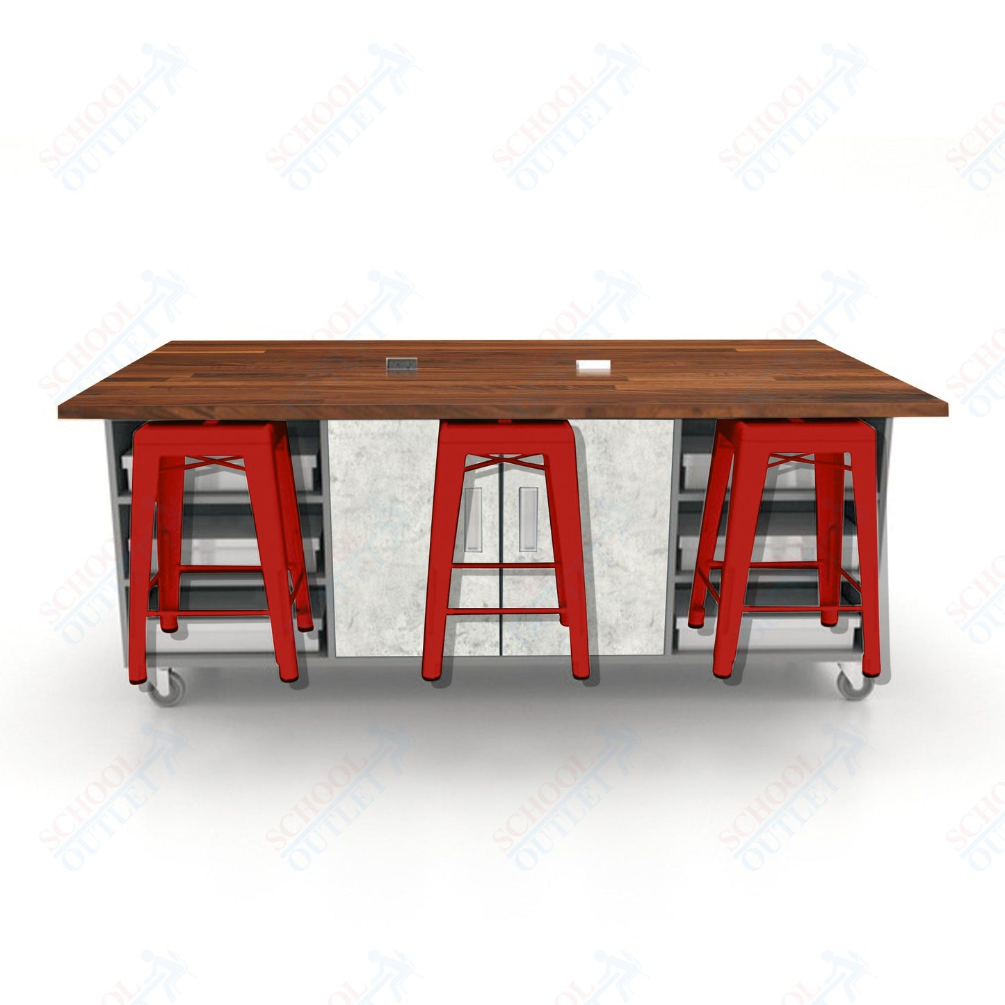 CEF ED Double Table 36"H Butcher Block Top, Laminate Base with  6 Stools, Storage bins, and Electrical Outlets Included.