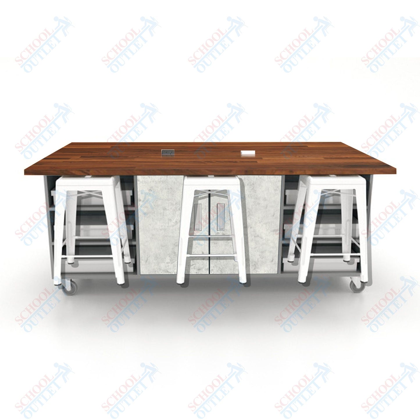 CEF ED Double Table 36"H Butcher Block Top, Laminate Base with  6 Stools, Storage bins, and Electrical Outlets Included.