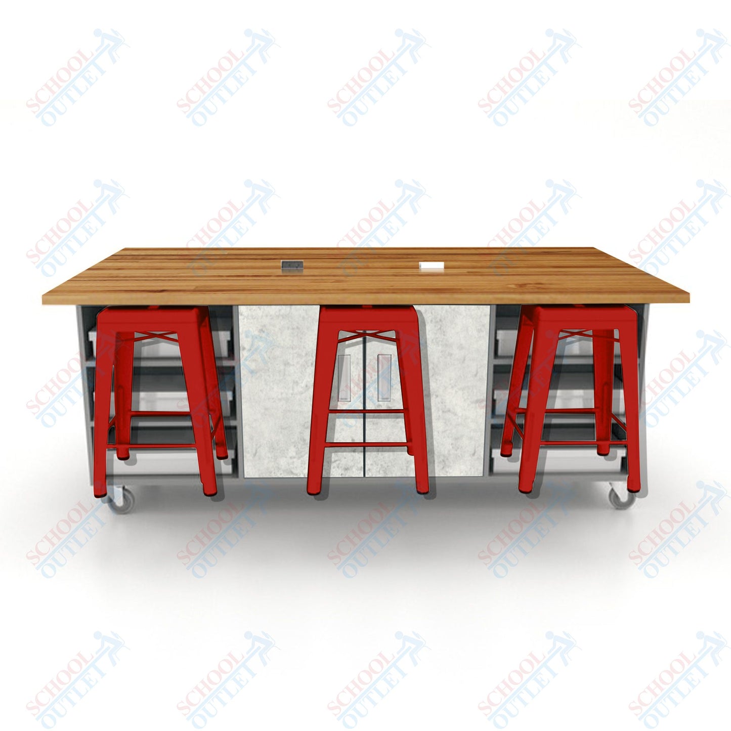 CEF ED Double Table 36"H Butcher Block Top, Laminate Base with  6 Stools, Storage bins, and Electrical Outlets Included.