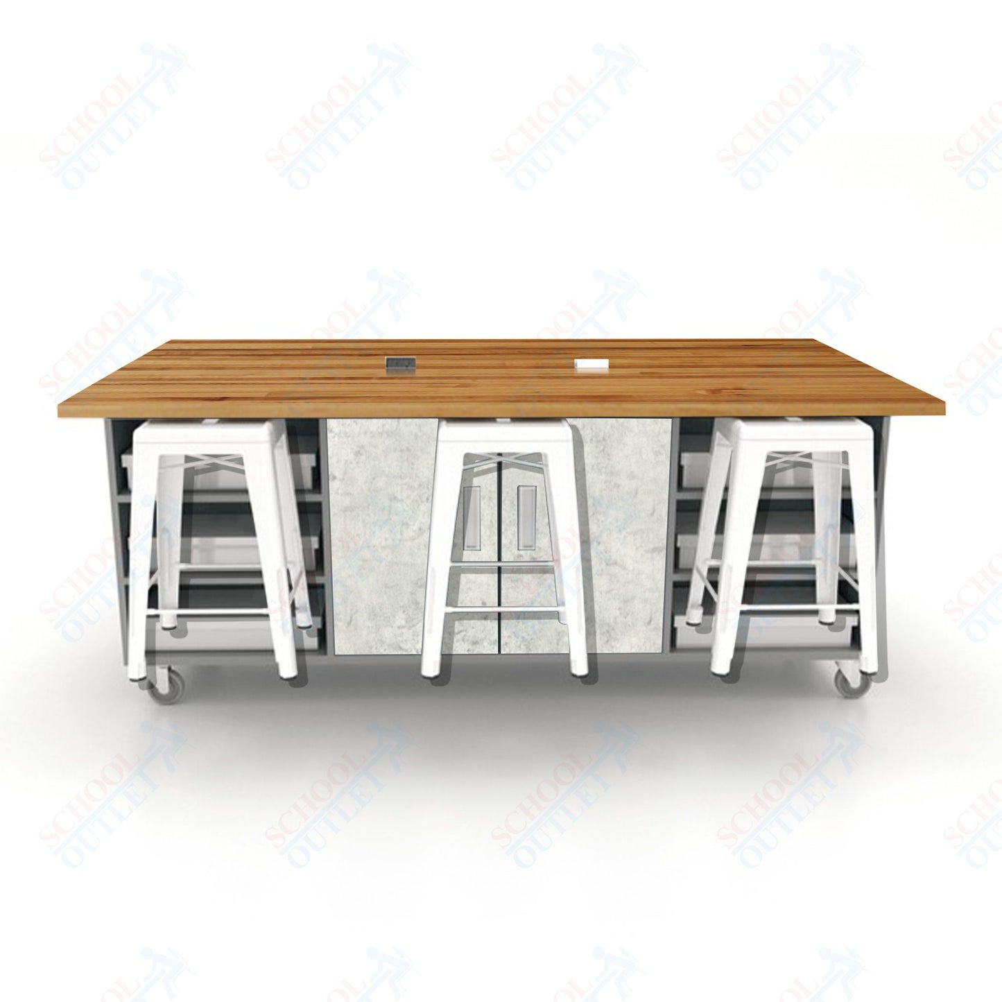 CEF ED Double Table 36"H Butcher Block Top, Laminate Base with  6 Stools, Storage bins, and Electrical Outlets Included.