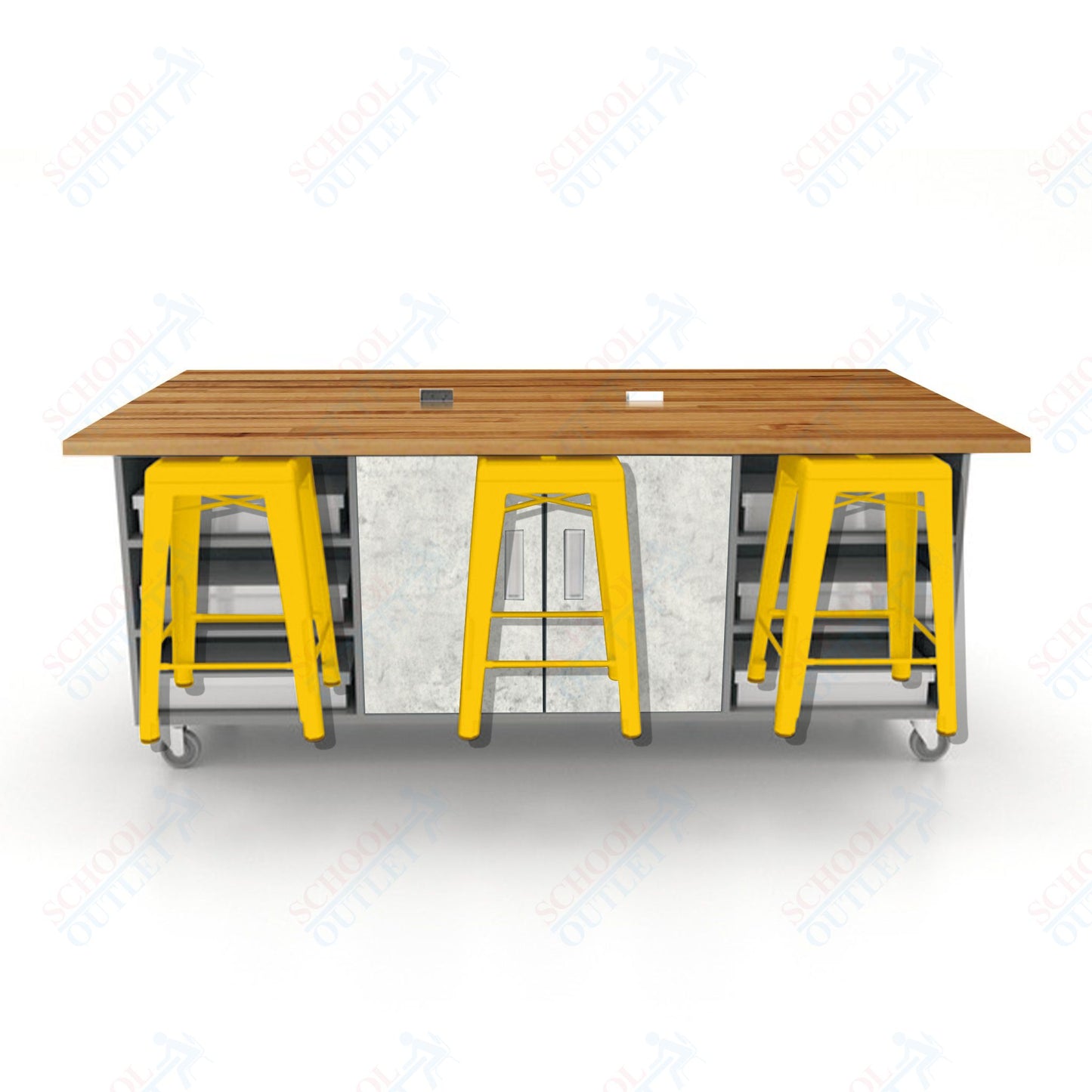 CEF ED Double Table 36"H Butcher Block Top, Laminate Base with  6 Stools, Storage bins, and Electrical Outlets Included.