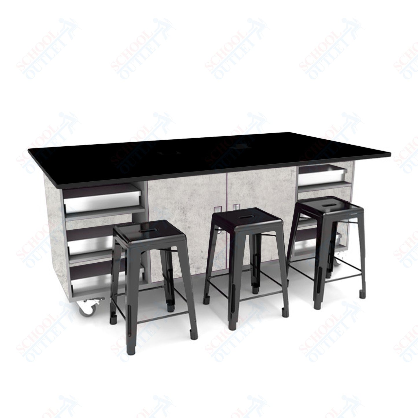 CEF ED Double Table 36"H Tough Top, Laminate Base with  6 Stools, Storage bins, and Electrical Outlets Included.