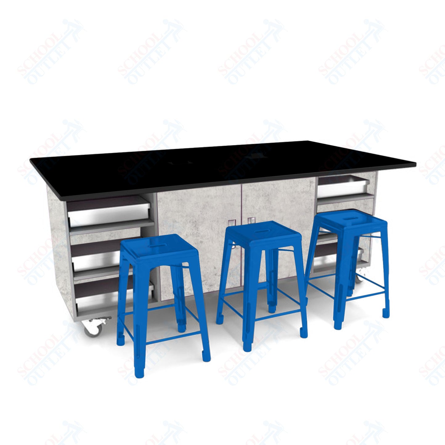 CEF ED Double Table 36"H Tough Top, Laminate Base with  6 Stools, Storage bins, and Electrical Outlets Included.