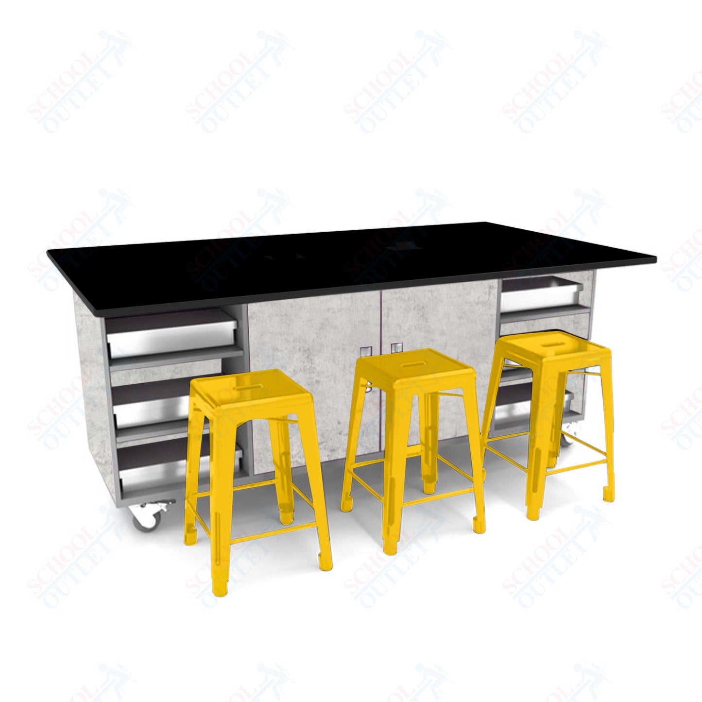 CEF ED Double Table 36"H Tough Top, Laminate Base with  6 Stools, Storage bins, and Electrical Outlets Included.