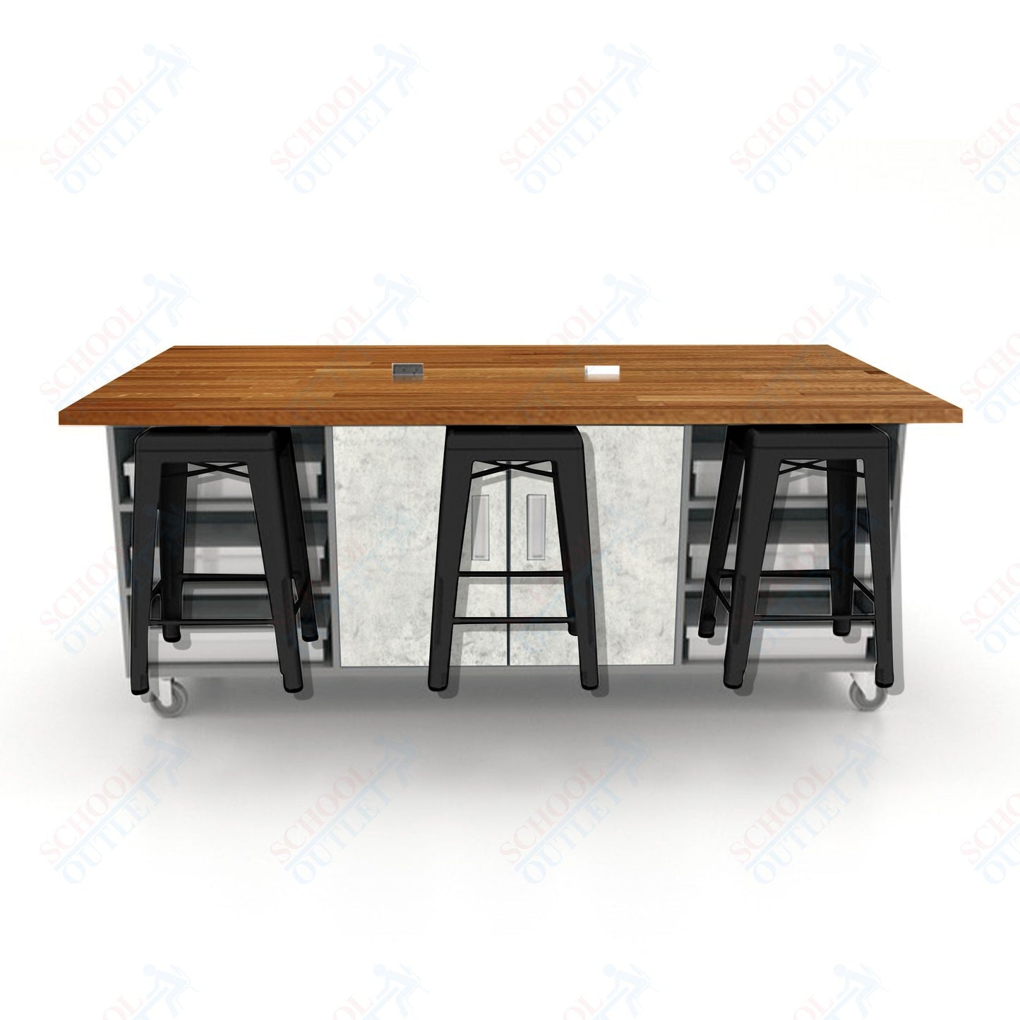 CEF ED Double Table 36"H Butcher Block Top, Laminate Base with  6 Stools, Storage bins, and Electrical Outlets Included.