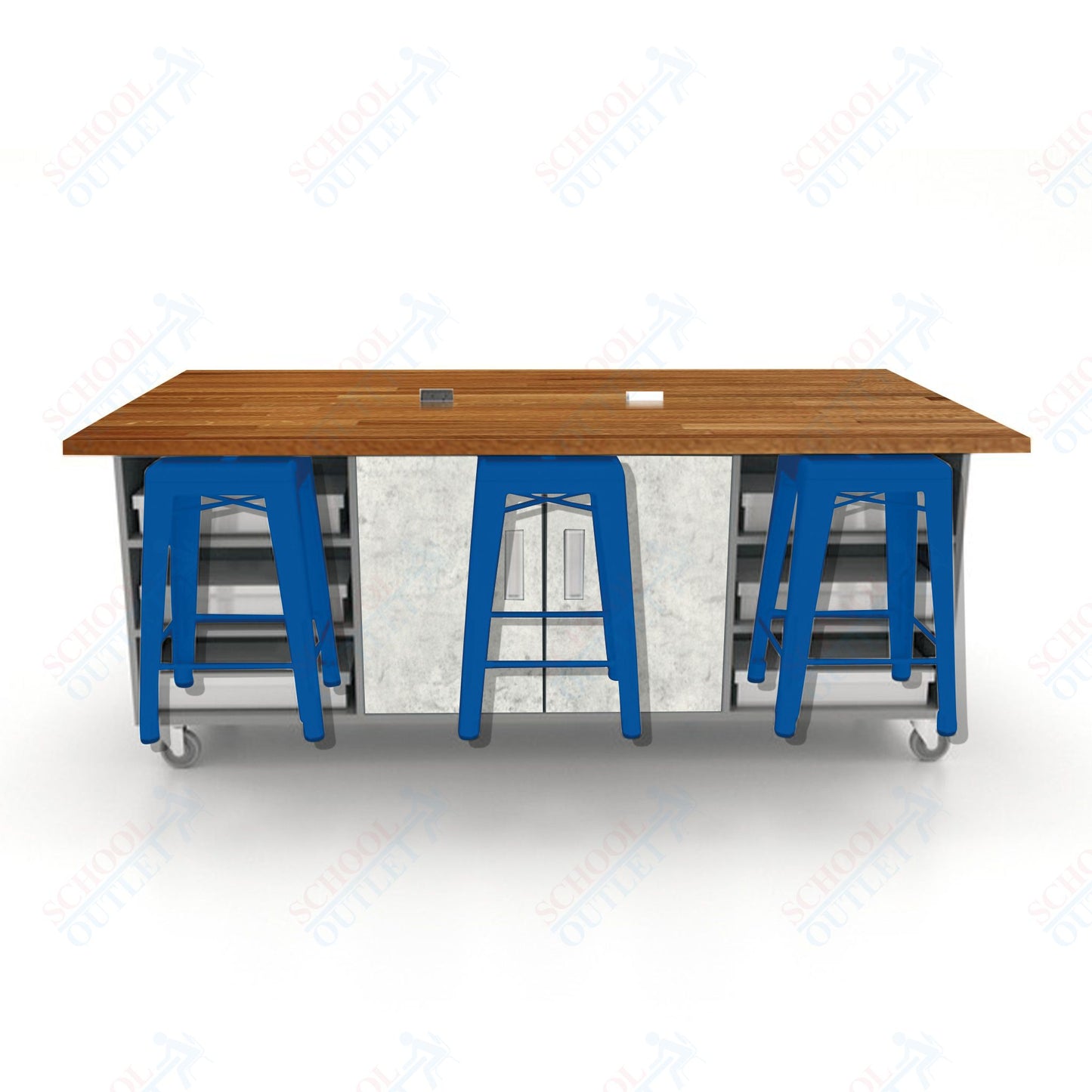 CEF ED Double Table 36"H Butcher Block Top, Laminate Base with  6 Stools, Storage bins, and Electrical Outlets Included.