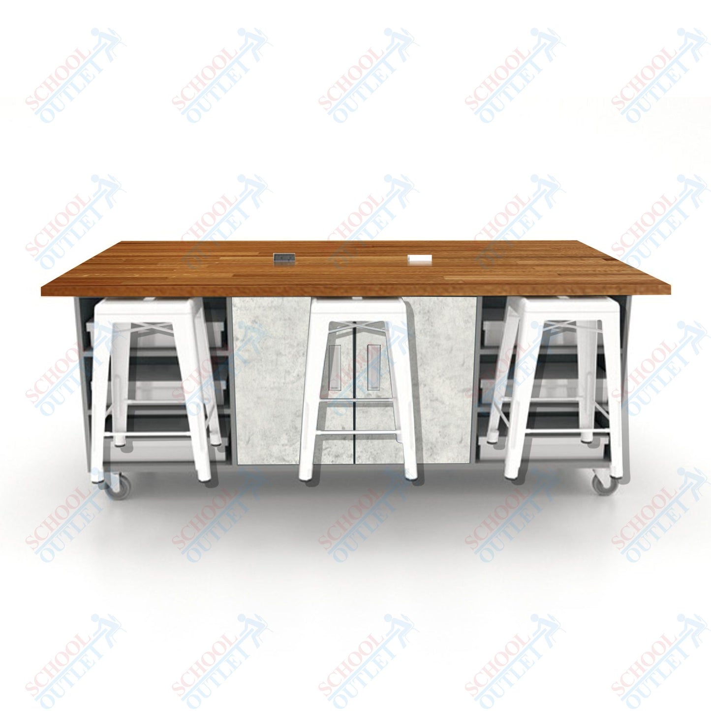 CEF ED Double Table 36"H Butcher Block Top, Laminate Base with  6 Stools, Storage bins, and Electrical Outlets Included.