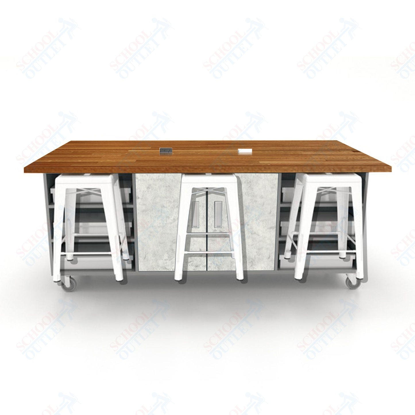 CEF ED Double Table 36"H Butcher Block Top, Laminate Base with  6 Stools, Storage bins, and Electrical Outlets Included.