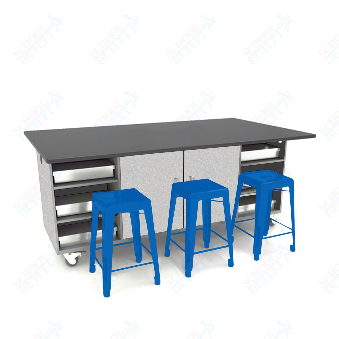 CEF ED Double Table 36"H Chemical Resistant Top, Laminate Base with  6 Stools, Storage bins, and Electrical Outlets Included.