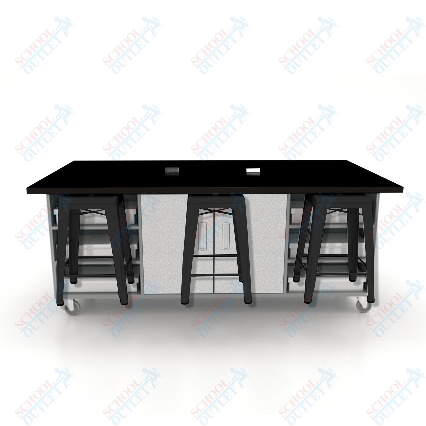 CEF ED Double Table 36"H High Pressure Laminate Top, Laminate Base with  6 Stools, Storage bins, and Electrical Outlets Included.