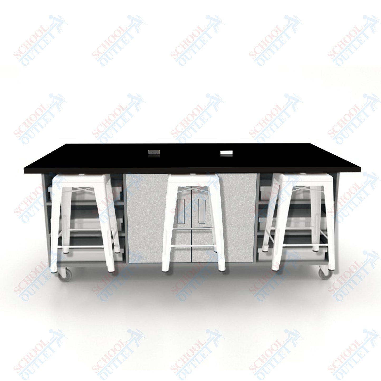 CEF ED Double Table 36"H High Pressure Laminate Top, Laminate Base with  6 Stools, Storage bins, and Electrical Outlets Included.