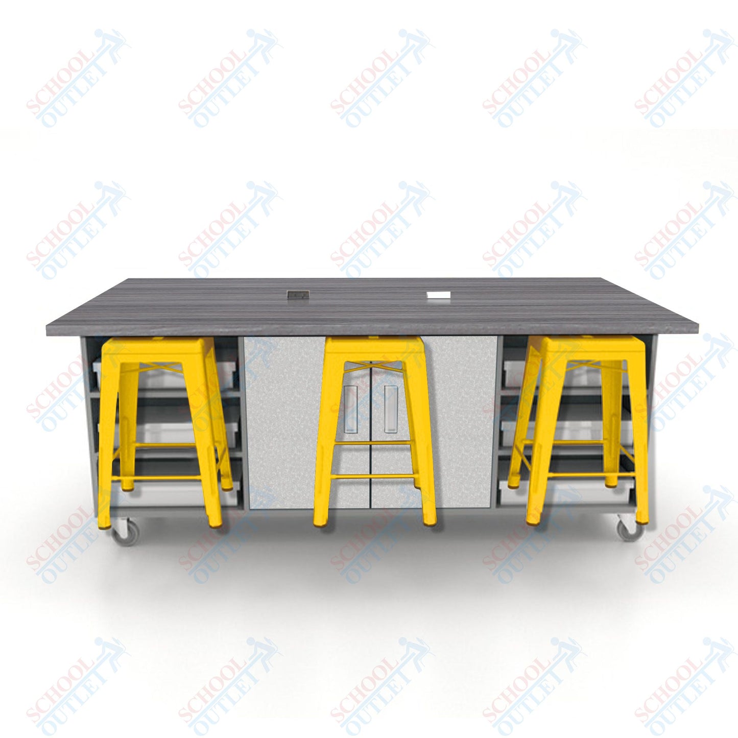 CEF ED Double Table 36"H High Pressure Laminate Top, Laminate Base with  6 Stools, Storage bins, and Electrical Outlets Included.