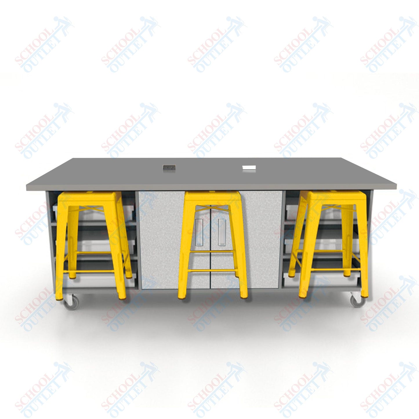 CEF ED Double Table 36"H High Pressure Laminate Top, Laminate Base with  6 Stools, Storage bins, and Electrical Outlets Included.