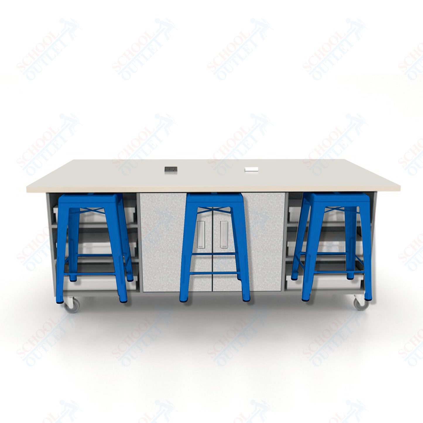 CEF ED Double Table 36"H High Pressure Laminate Top, Laminate Base with  6 Stools, Storage bins, and Electrical Outlets Included.