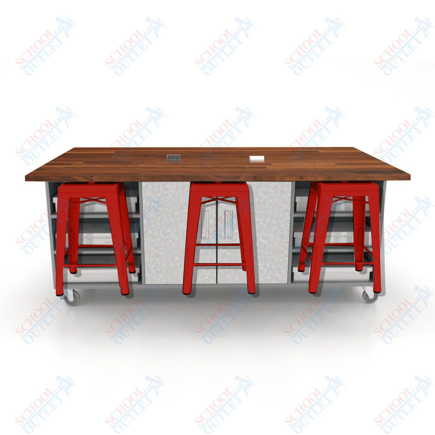 CEF ED Double Table 36"H Butcher Block Top, Laminate Base with  6 Stools, Storage bins, and Electrical Outlets Included.