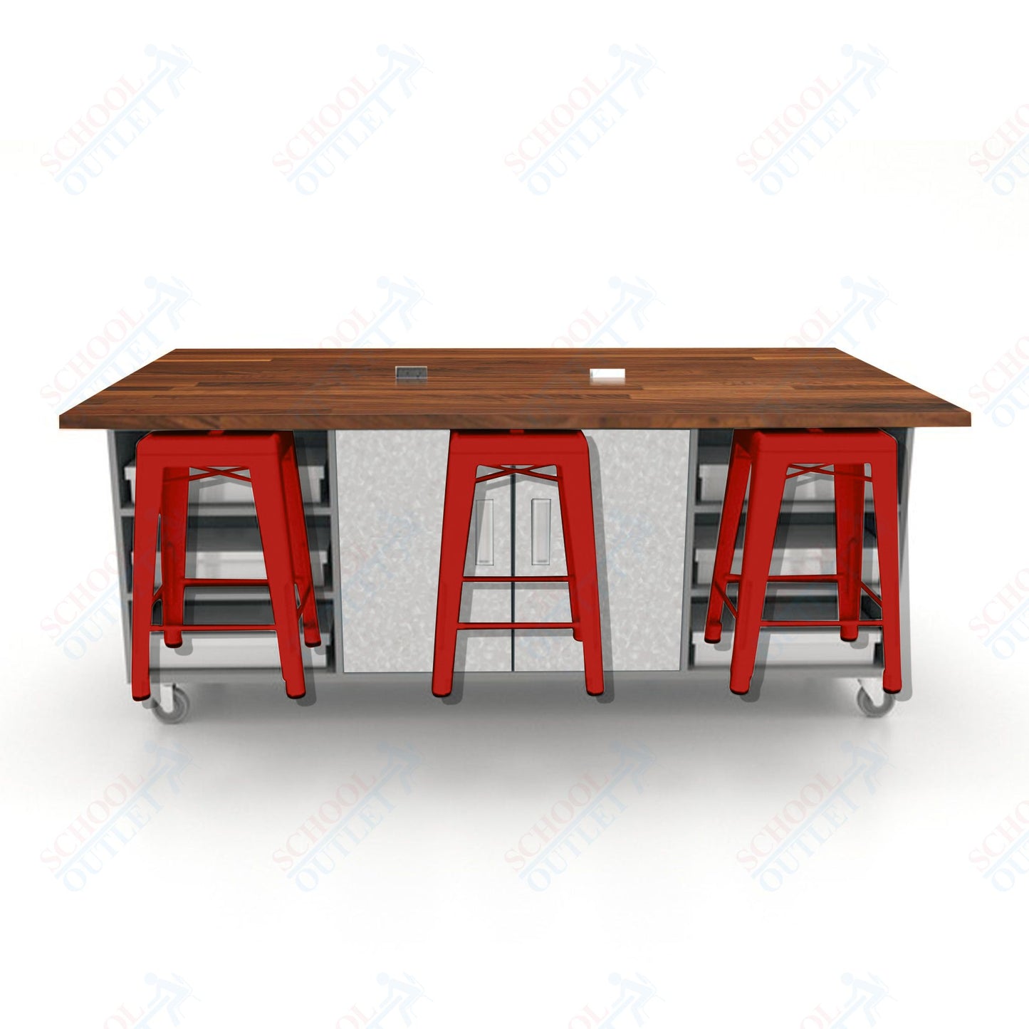 CEF ED Double Table 36"H Butcher Block Top, Laminate Base with  6 Stools, Storage bins, and Electrical Outlets Included.