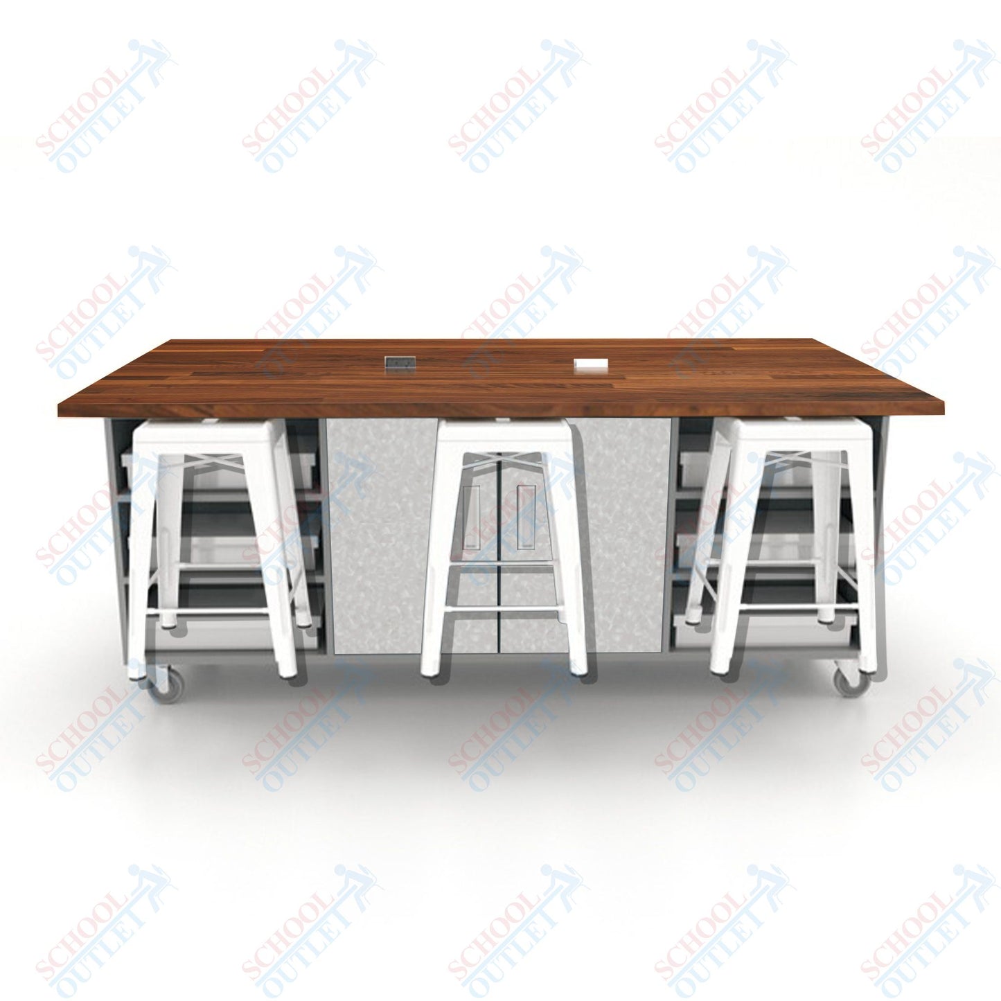 CEF ED Double Table 36"H Butcher Block Top, Laminate Base with  6 Stools, Storage bins, and Electrical Outlets Included.