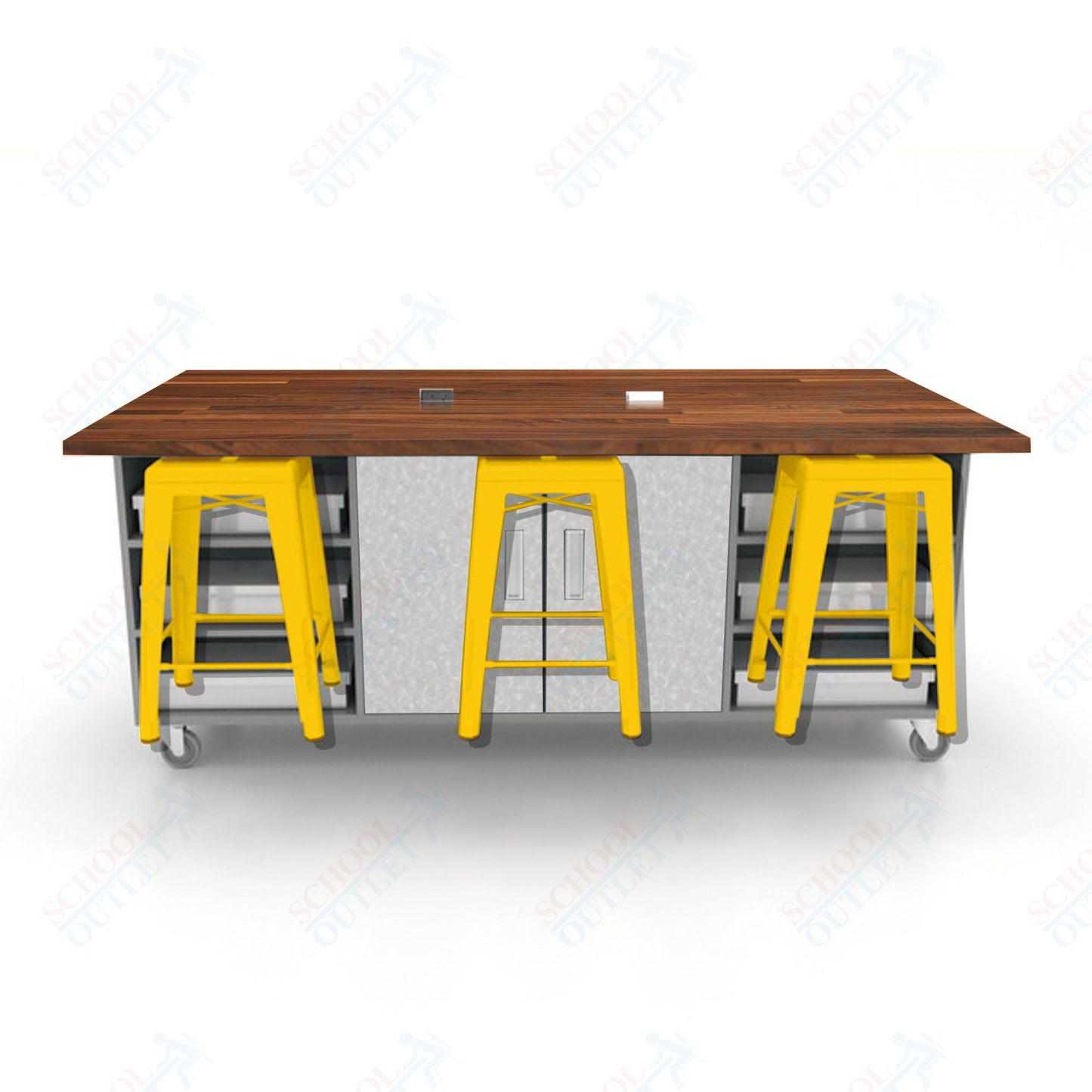 CEF ED Double Table 36"H Butcher Block Top, Laminate Base with  6 Stools, Storage bins, and Electrical Outlets Included.