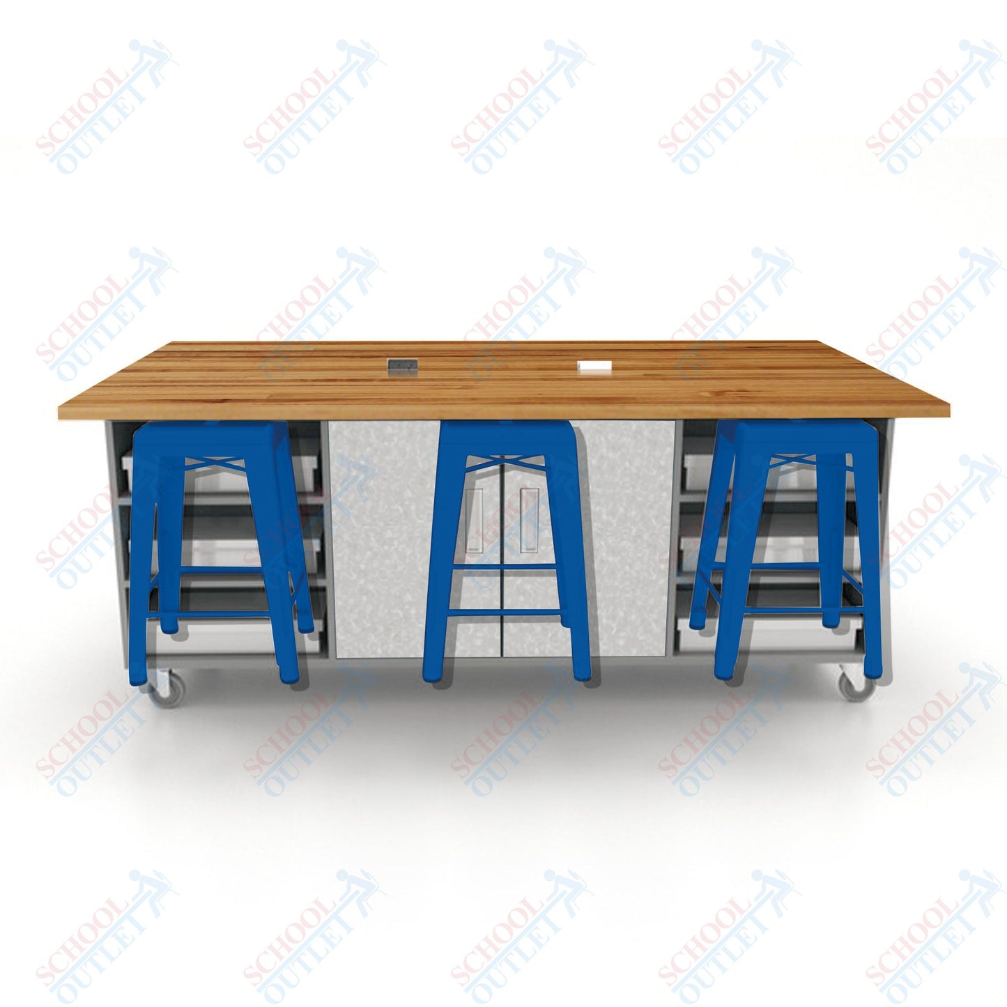 CEF ED Double Table 36"H Butcher Block Top, Laminate Base with  6 Stools, Storage bins, and Electrical Outlets Included.